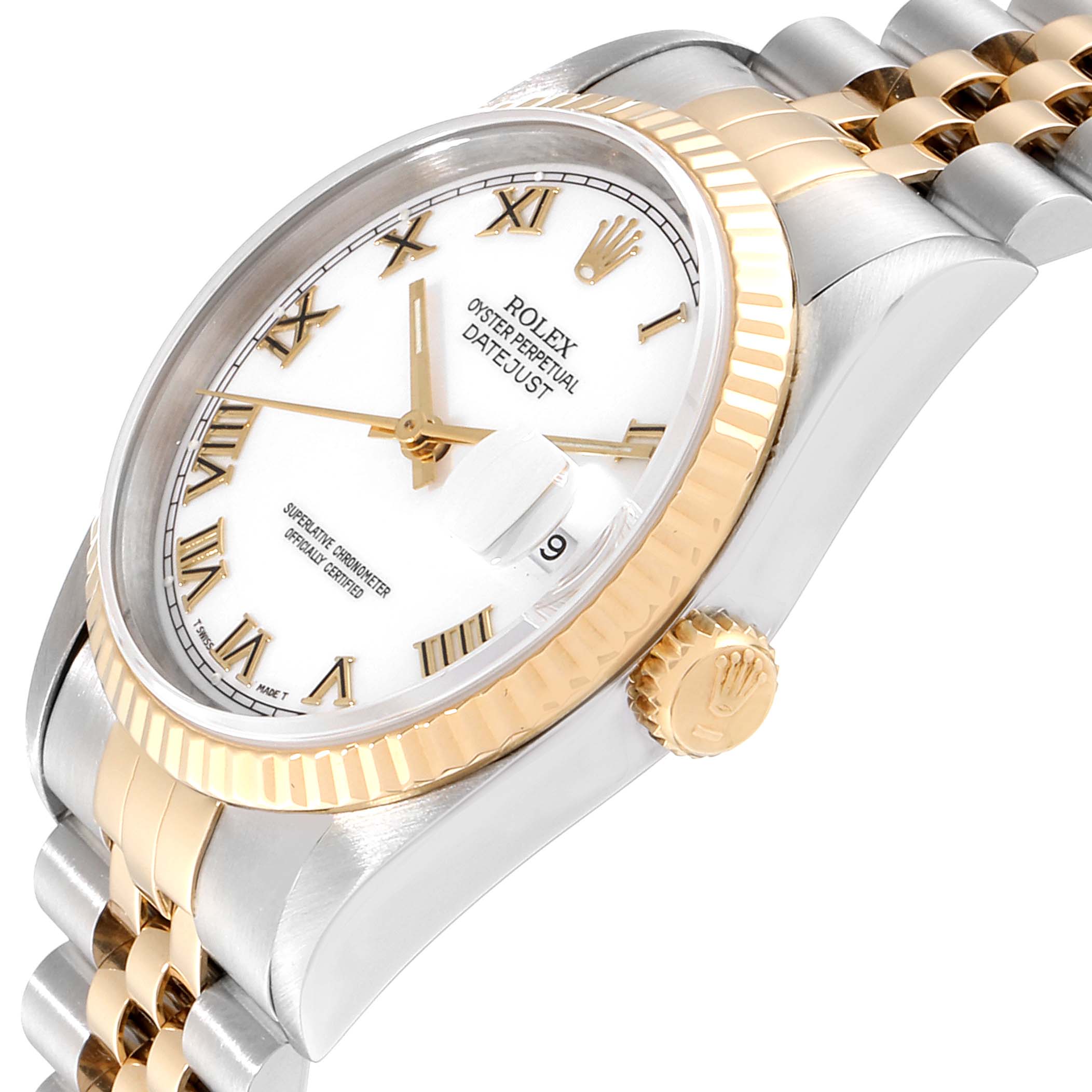 The image shows a Rolex Datejust 16233 Men's Steel and Gold (two tone) White Dial 16233 Men's Steel and Gold (two tone) White Dial watch at an angle, highlighting the dial, bezel, crown, and part of the bracelet.