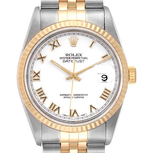Photo of Rolex Datejust Steel Yellow Gold White Roman Dial Mens Watch 16233 Papers