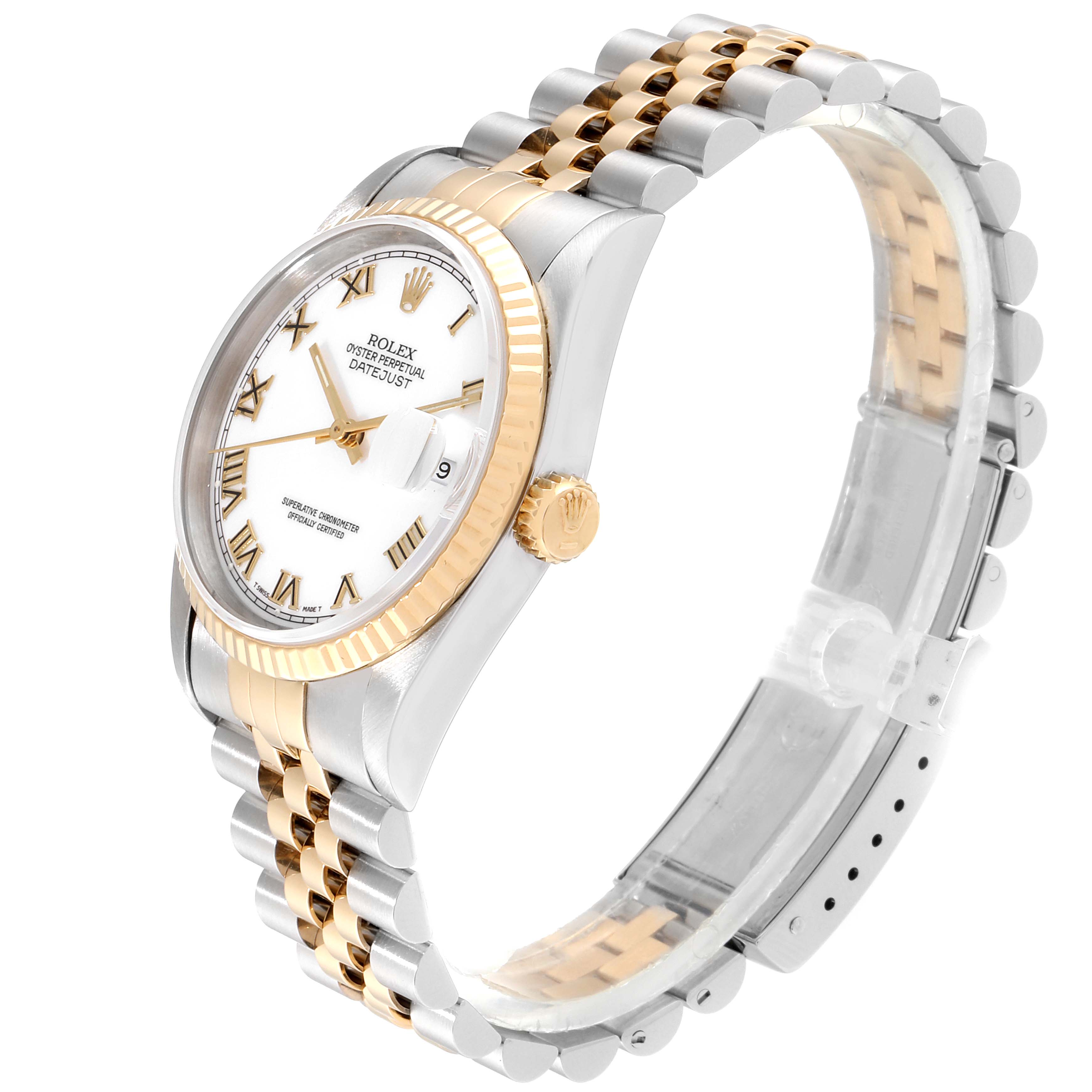 The Datejust model by Rolex is shown at a three-quarter angle, displaying the face, bezel, crown, and two-tone bracelet.