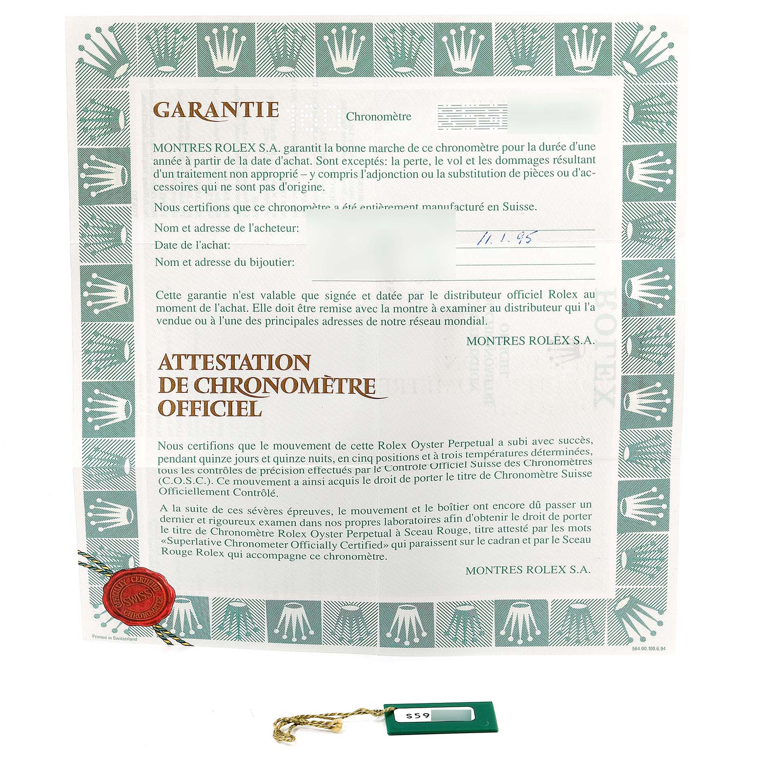 The image shows the warranty card and tag for a Rolex Datejust 16233 Men's Steel and Gold (two tone) White Dial 16233 Men's Steel and Gold (two tone) White Dial watch.