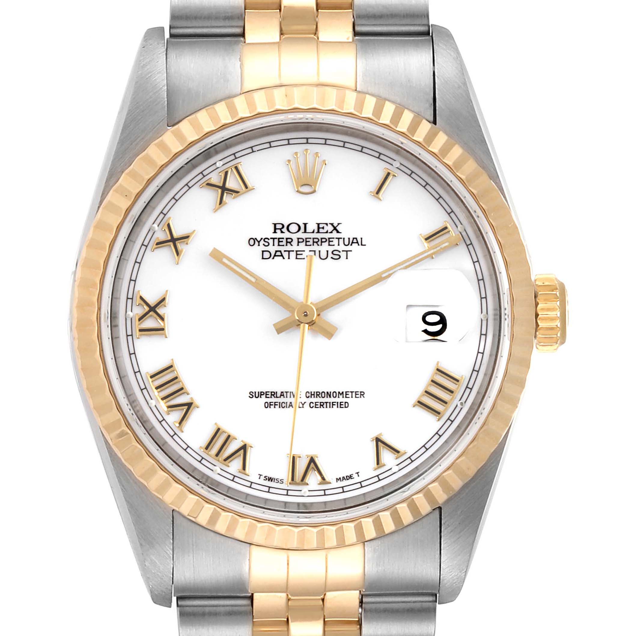 The image shows a front view of a Rolex Datejust 16233 Men's Steel and Gold (two tone) White Dial 16233 Men's Steel and Gold (two tone) White Dial watch, highlighting its face, bezel, and part of the bracelet.