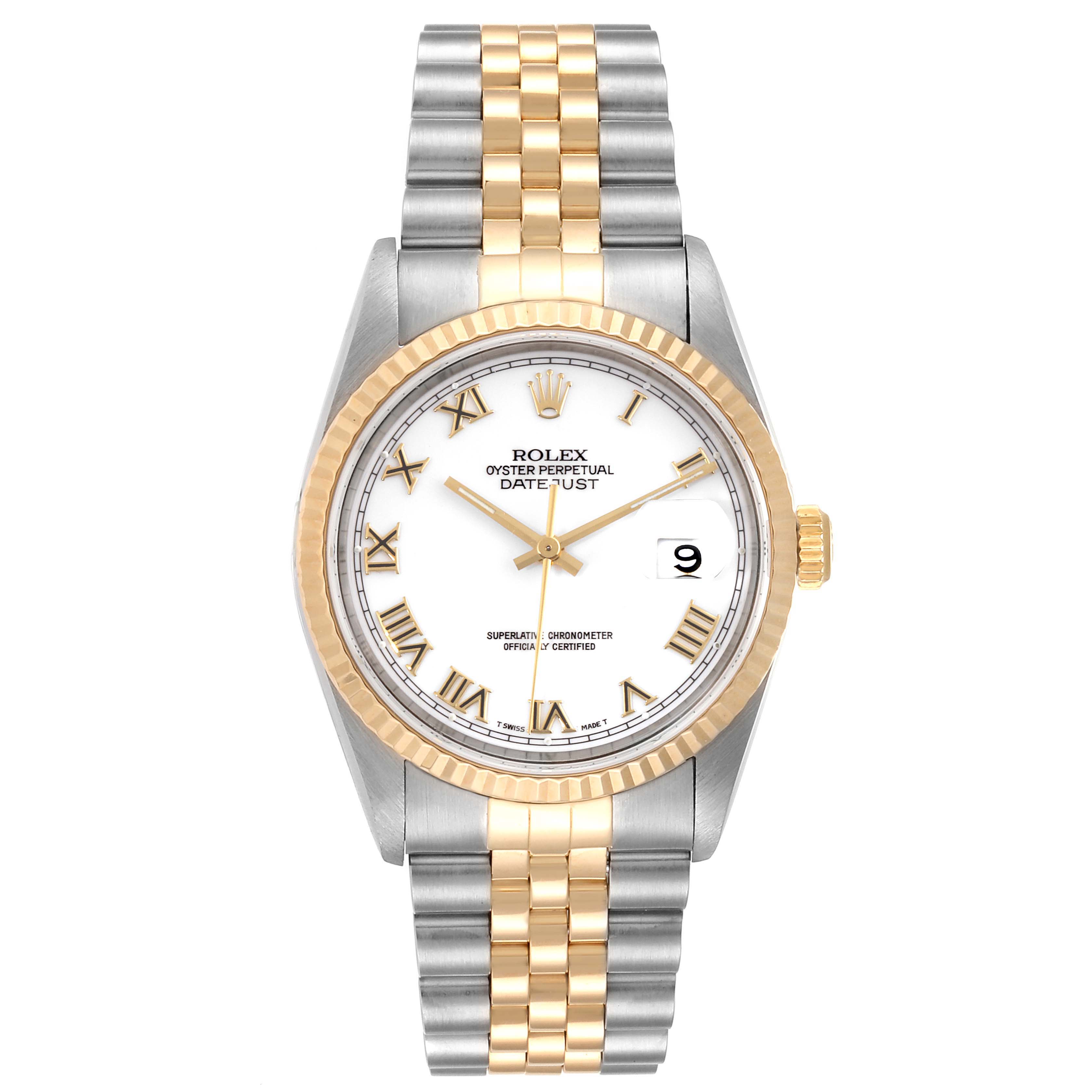 This image shows a front view of a Rolex Datejust 16233 Men's Steel and Gold (two tone) White Dial 16233 Men's Steel and Gold (two tone) White Dial watch featuring a jubilee bracelet and a white dial with Roman numerals.