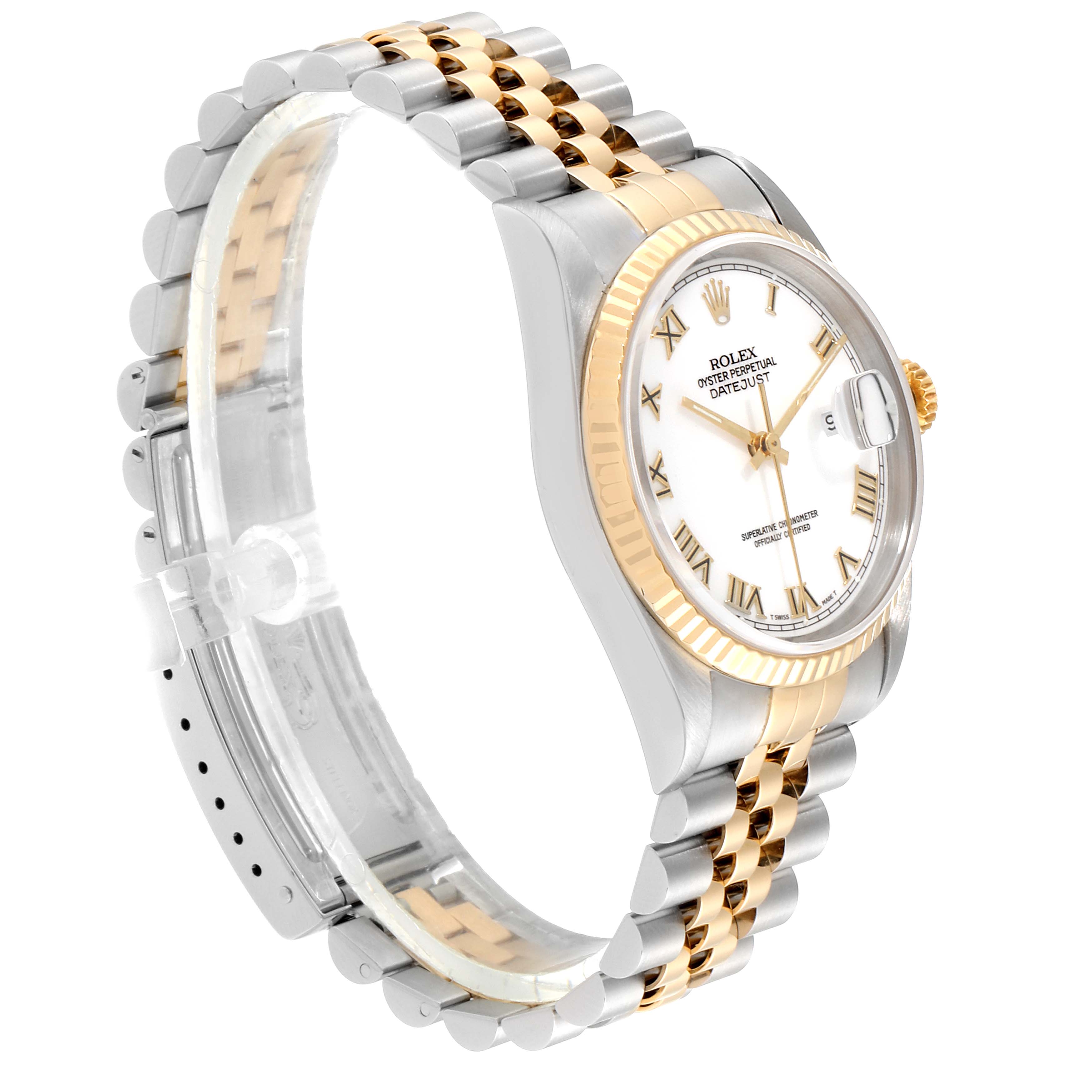 This image shows a side angle of a Rolex Datejust 16233 Men's Steel and Gold (two tone) White Dial 16233 Men's Steel and Gold (two tone) White Dial watch, highlighting its gold and silver bracelet, bezel, and white dial.