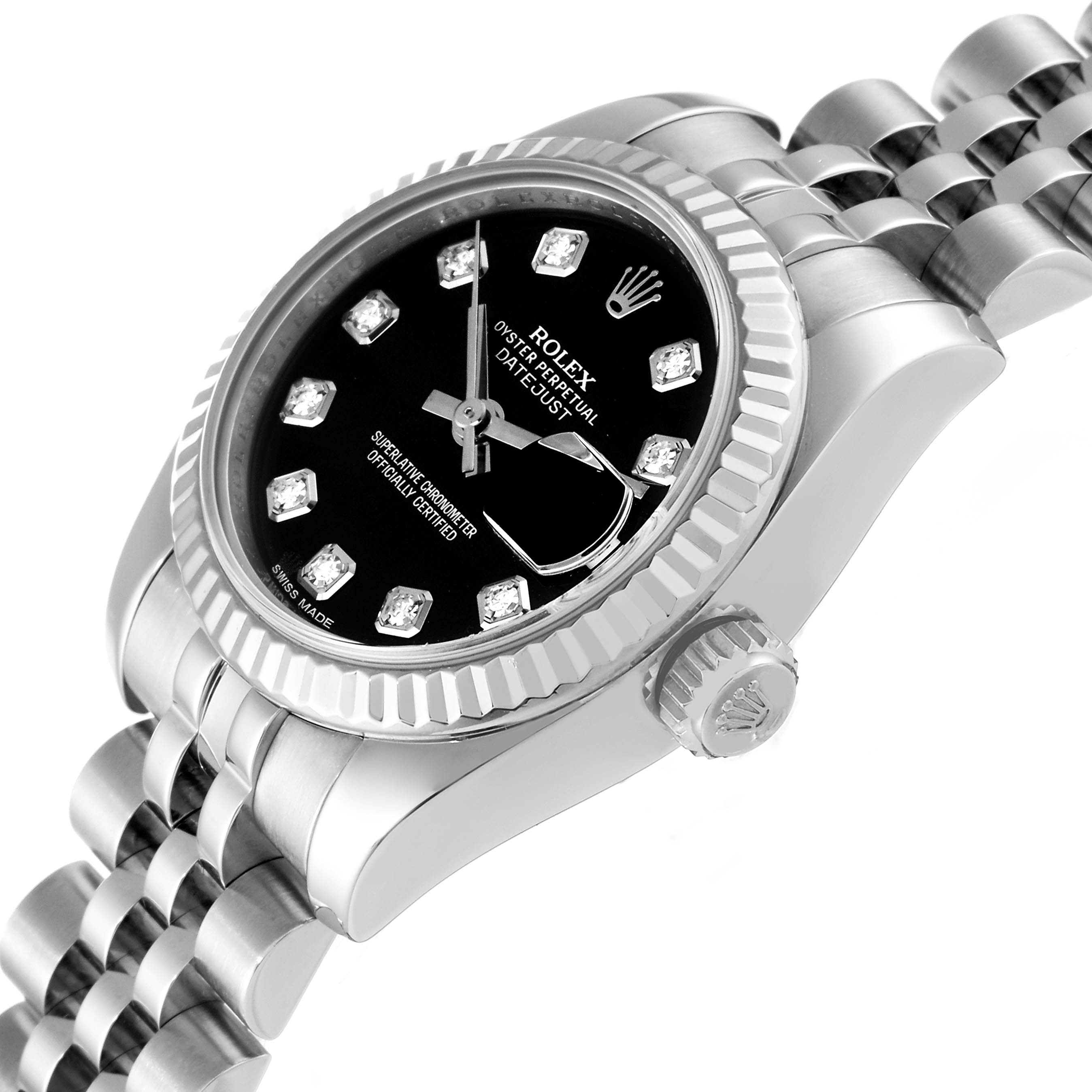 The image shows a close-up angled view of a Rolex Datejust 179174 Women's Stainless Steel Black Dial 179174 Women's Stainless Steel Black Dial watch, displaying the dial, bezel, crown, and part of the bracelet.