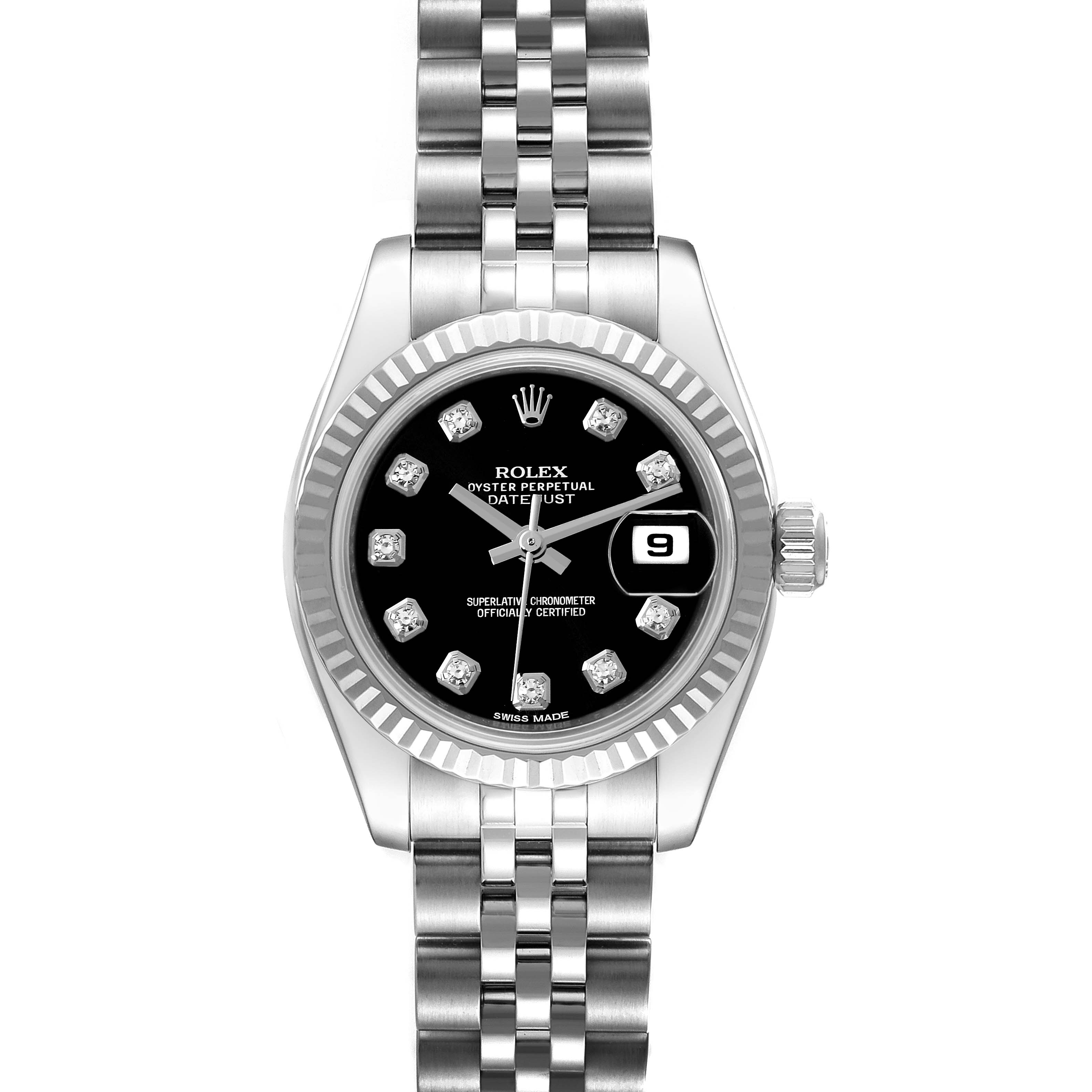This Rolex Datejust 179174 Women's Stainless Steel Black Dial 179174 Women's Stainless Steel Black Dial watch is shown from a front angle, displaying its bracelet, bezel, black dial, and date window.