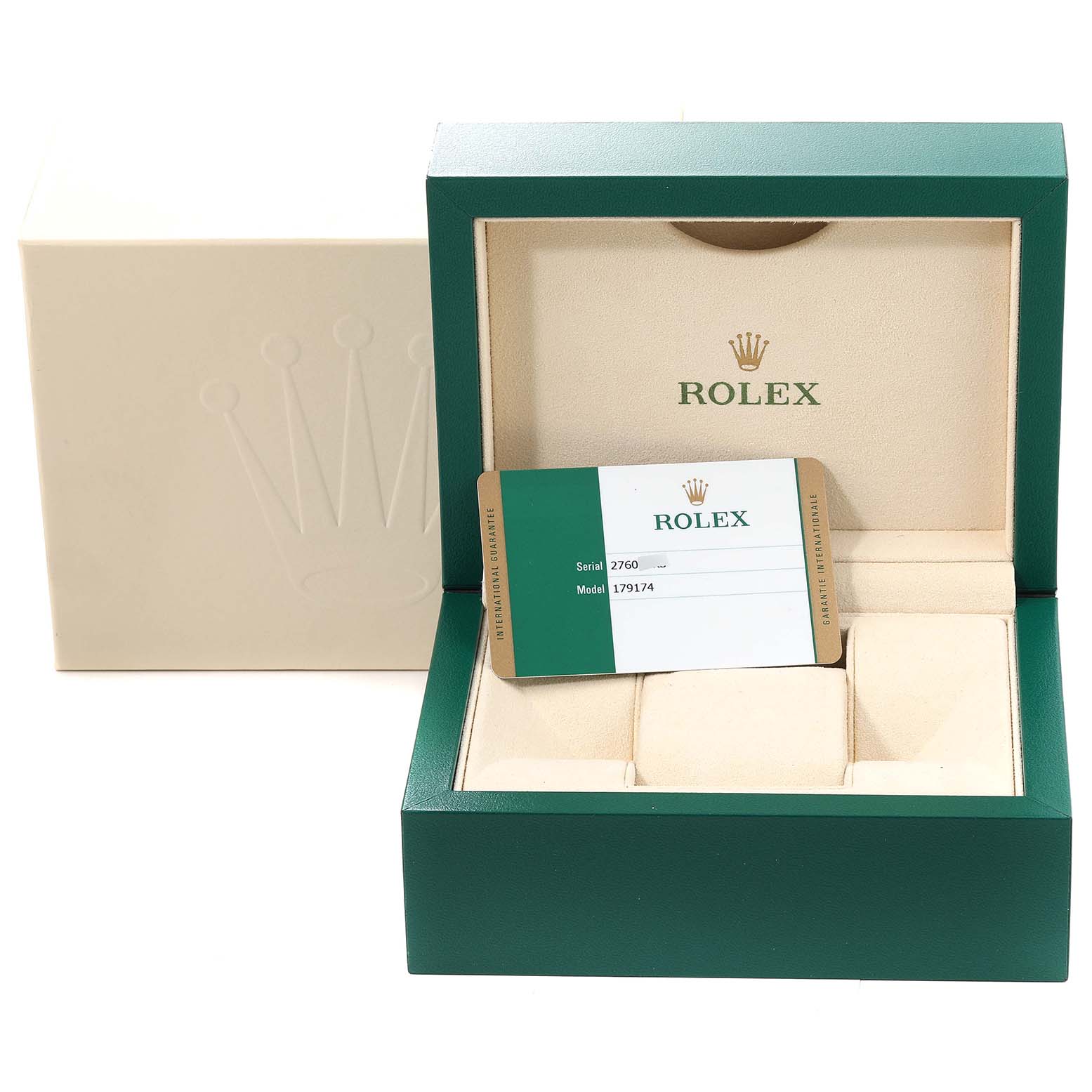 The image shows the box and warranty card for a Rolex Datejust 179174 Women's Stainless Steel Black Dial 179174 Women's Stainless Steel Black Dial, with the box open and displaying the card inside.