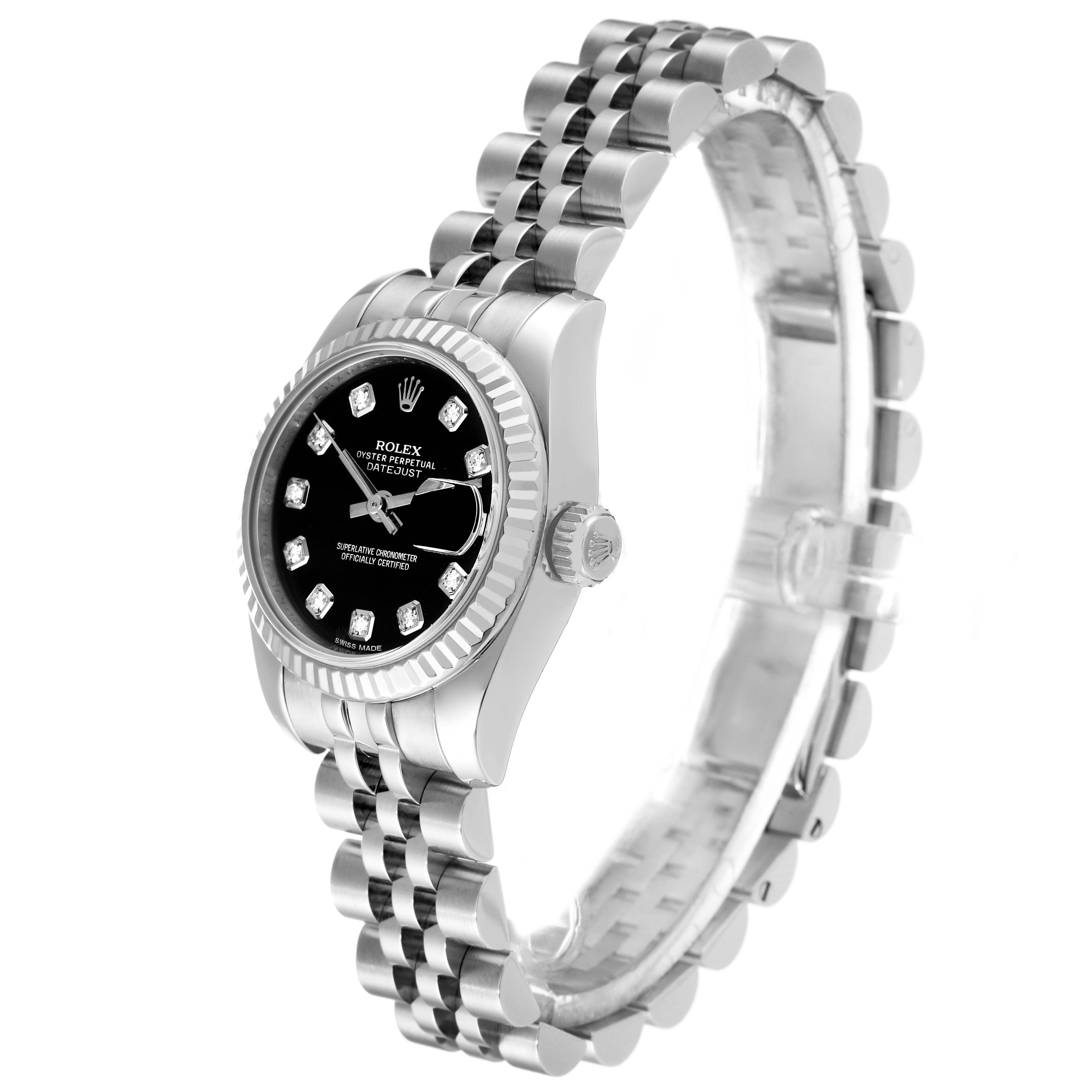 This is a side angle of a Rolex Datejust 179174 Women's Stainless Steel Black Dial 179174 Women's Stainless Steel Black Dial watch, showing the face, dial, crown, and partial bracelet.