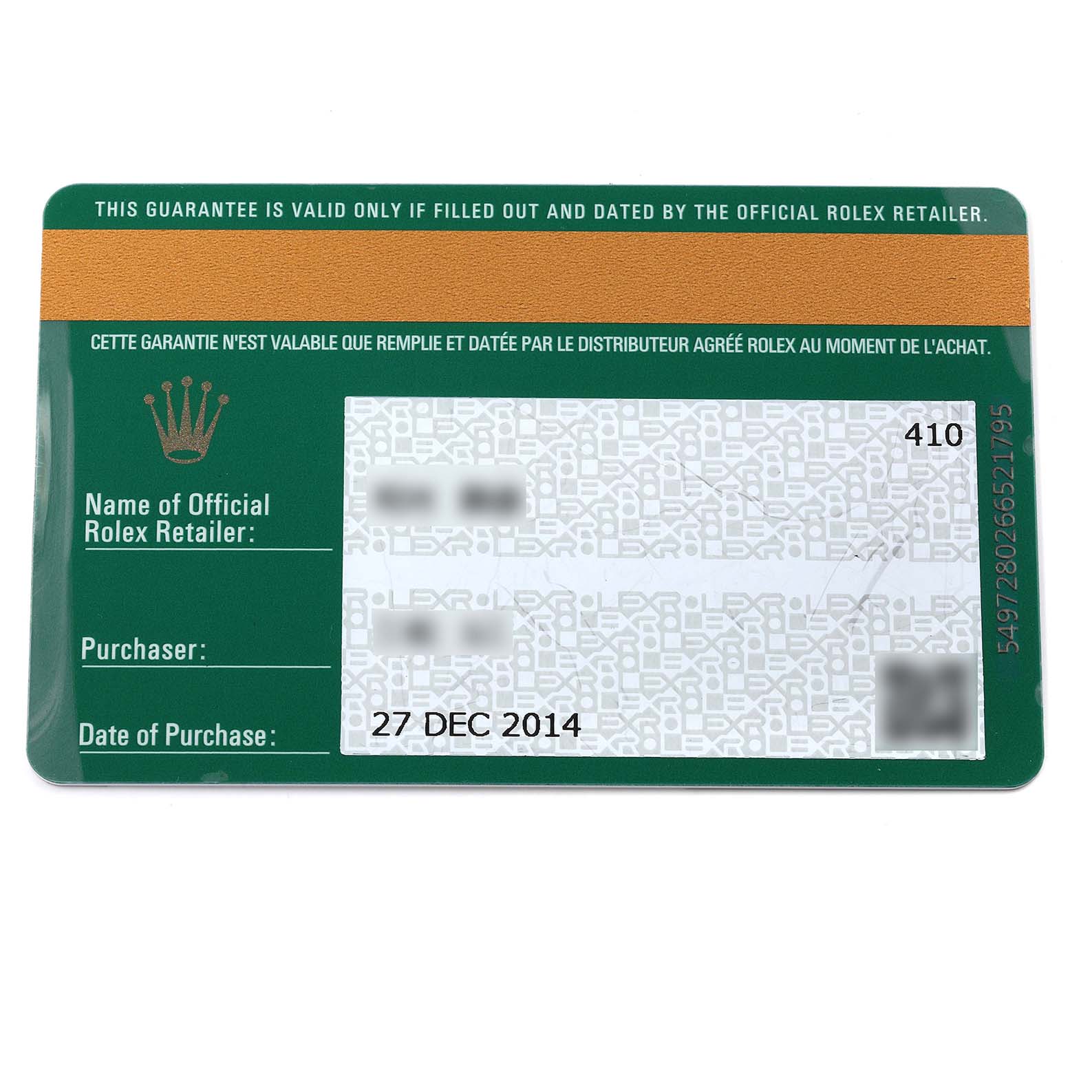 The image shows a warranty card for a Rolex Datejust 179174 Women's Stainless Steel Black Dial 179174 Women's Stainless Steel Black Dial, including retailer and purchase information.