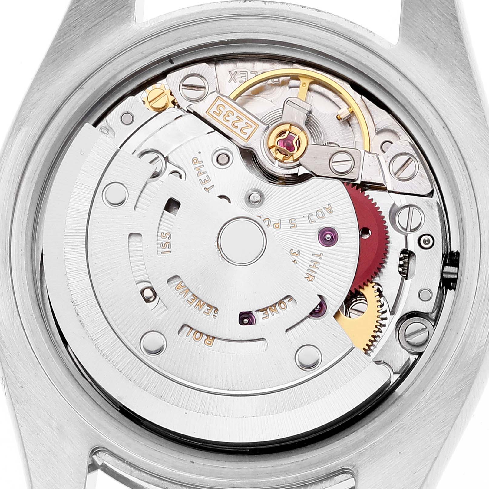 This image shows the movement mechanism of a Rolex Datejust 179174 Women's Stainless Steel Black Dial 179174 Women's Stainless Steel Black Dial watch from a rear, open-case angle.