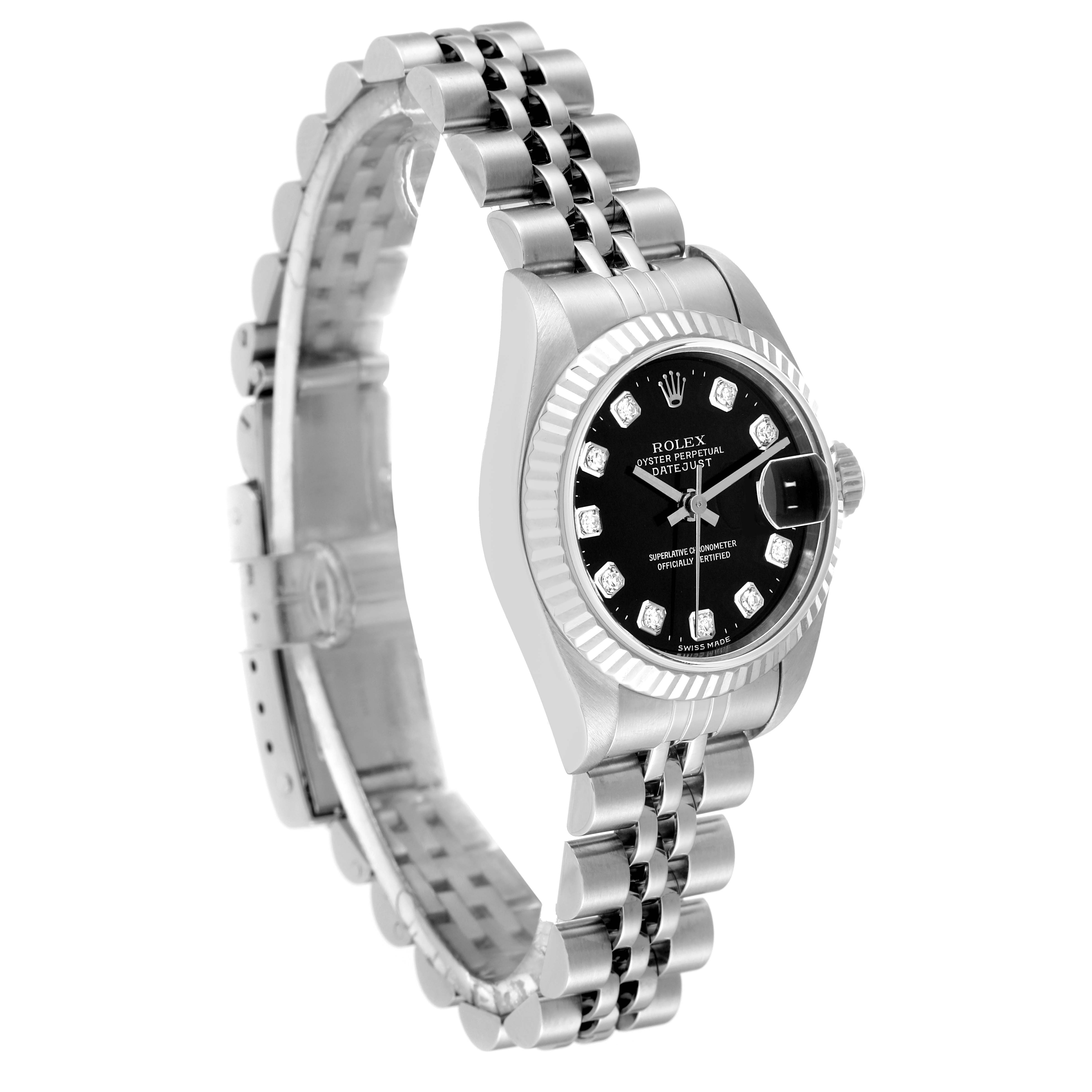 This image shows a side view of a Rolex Datejust 79174 Women's Stainless Steel Black Dial 79174 Women's Stainless Steel Black Dial watch, highlighting the dial, bezel, and bracelet.