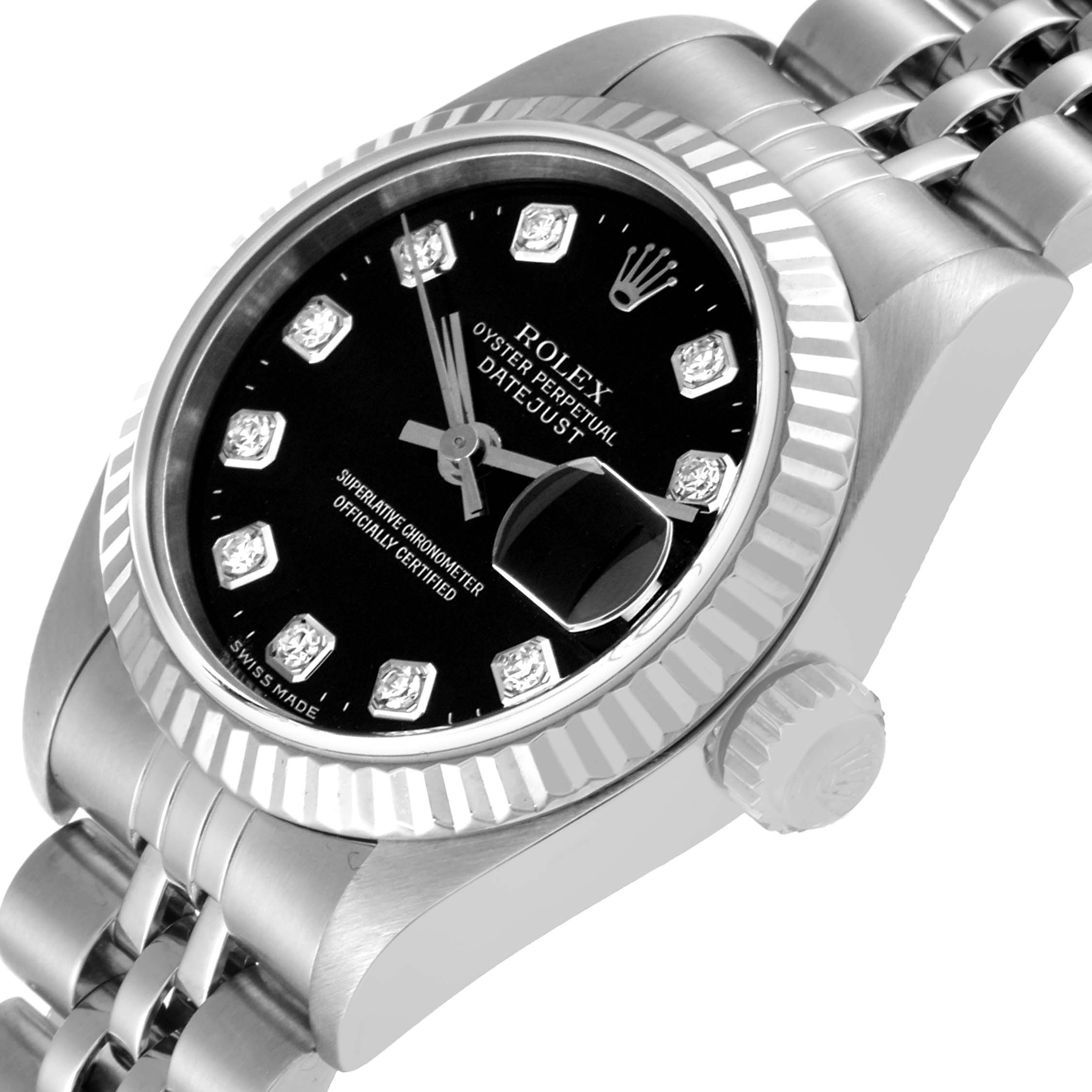The Rolex Datejust 79174 Women's Stainless Steel Black Dial 79174 Women's Stainless Steel Black Dial watch is shown at an angle emphasizing the dial, bezel, and crown, with the bracelet partially visible.