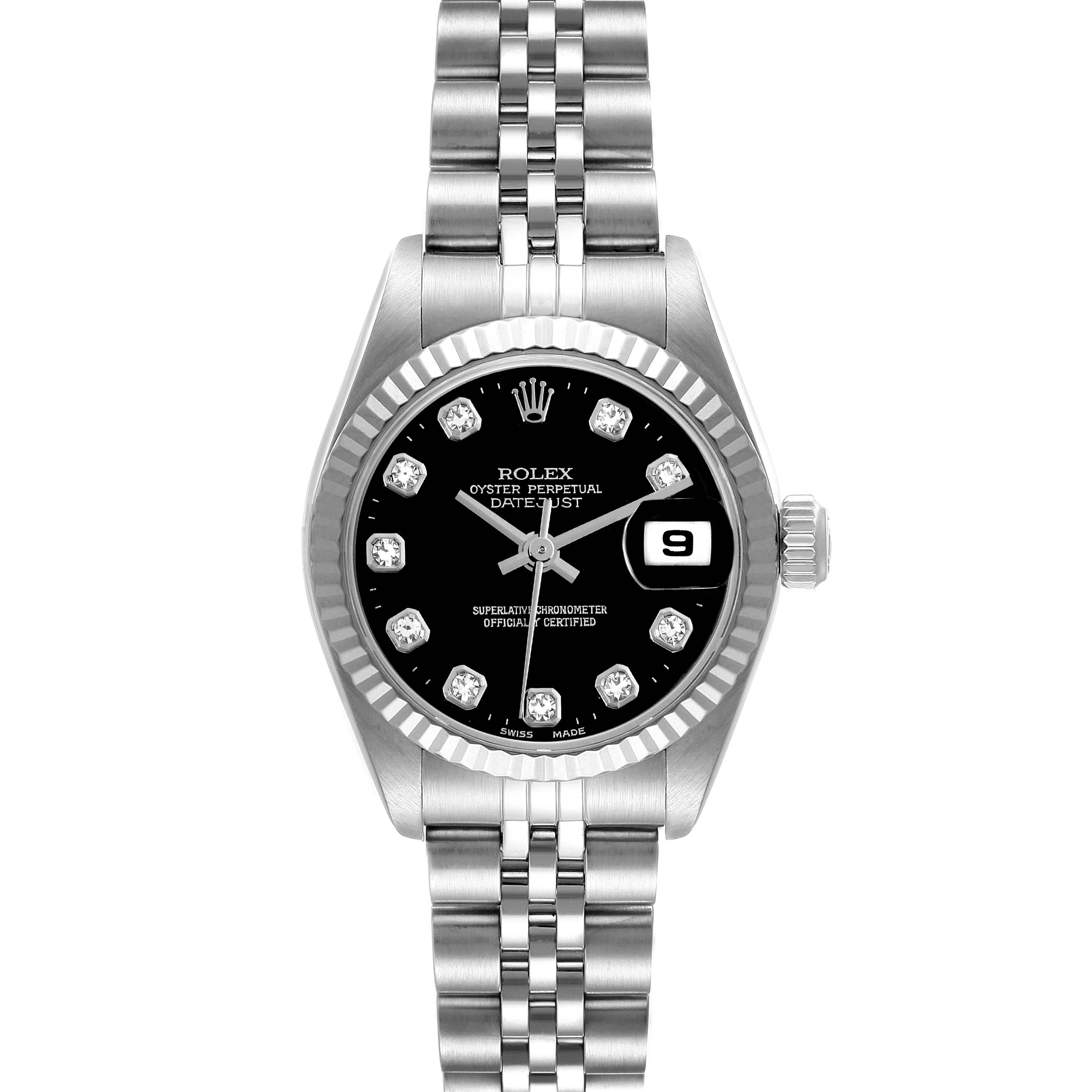 This is a front view of a Rolex Datejust 79174 Women's Stainless Steel Black Dial 79174 Women's Stainless Steel Black Dial watch, showing the face, bezel, crown, and bracelet.