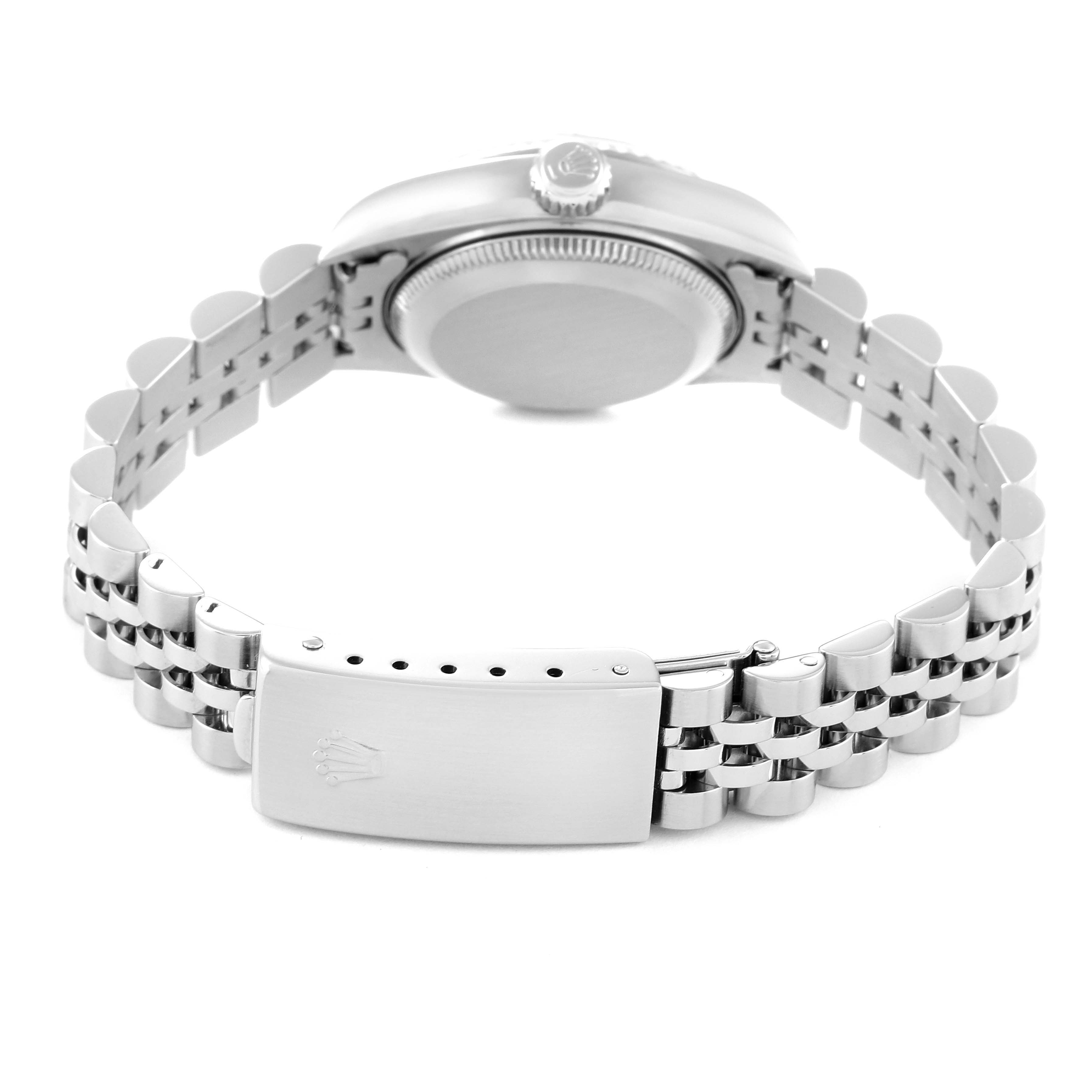 This image shows the back of the Rolex Datejust 79174 Women's Stainless Steel Black Dial 79174 Women's Stainless Steel Black Dial watch, including the case back, crown, and the bracelet with the clasp.