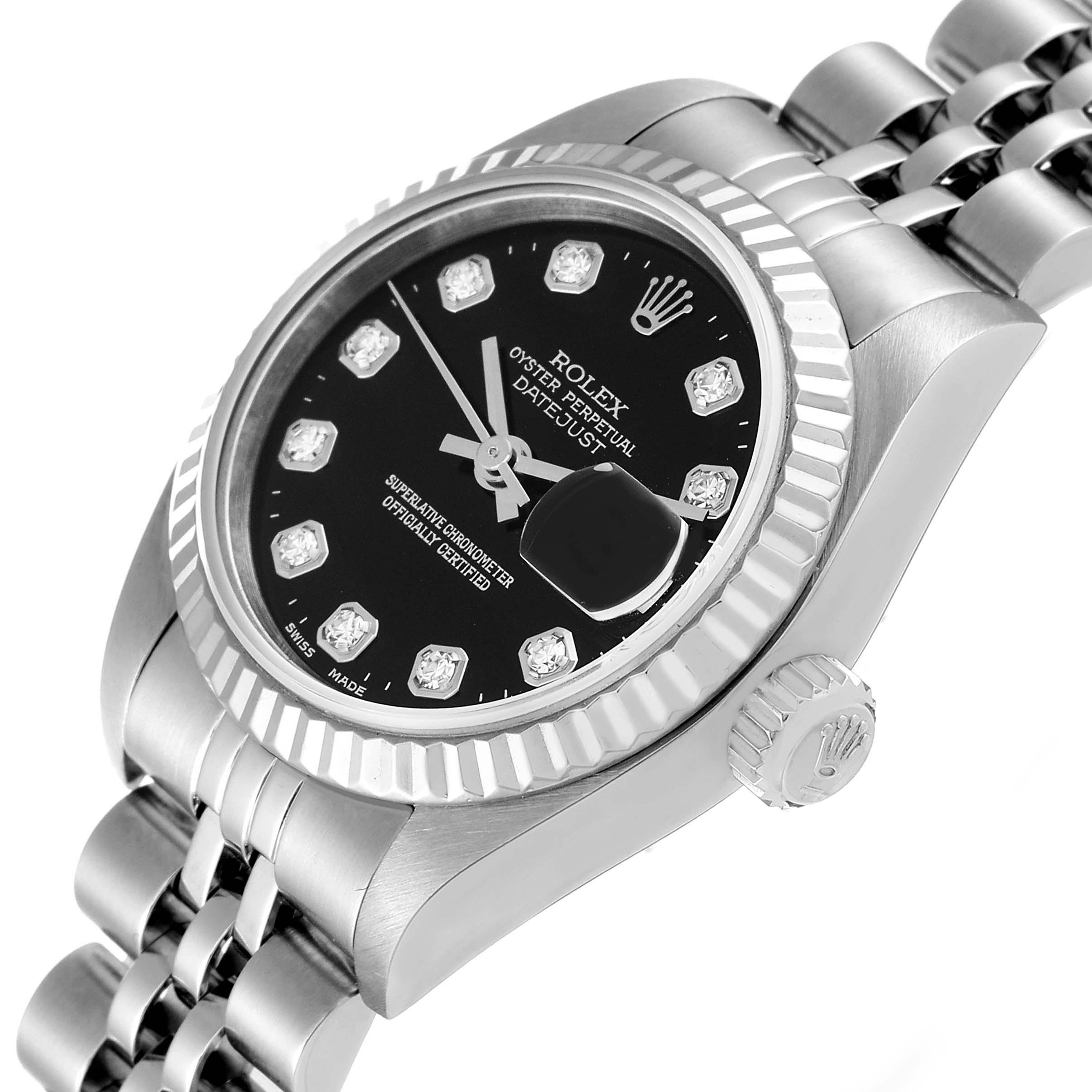 This image shows a Rolex Datejust 79174 Women's Stainless Steel Black Dial 79174 Women's Stainless Steel Black Dial watch angled from the top-right, highlighting the dial, bezel, case, and bracelet.