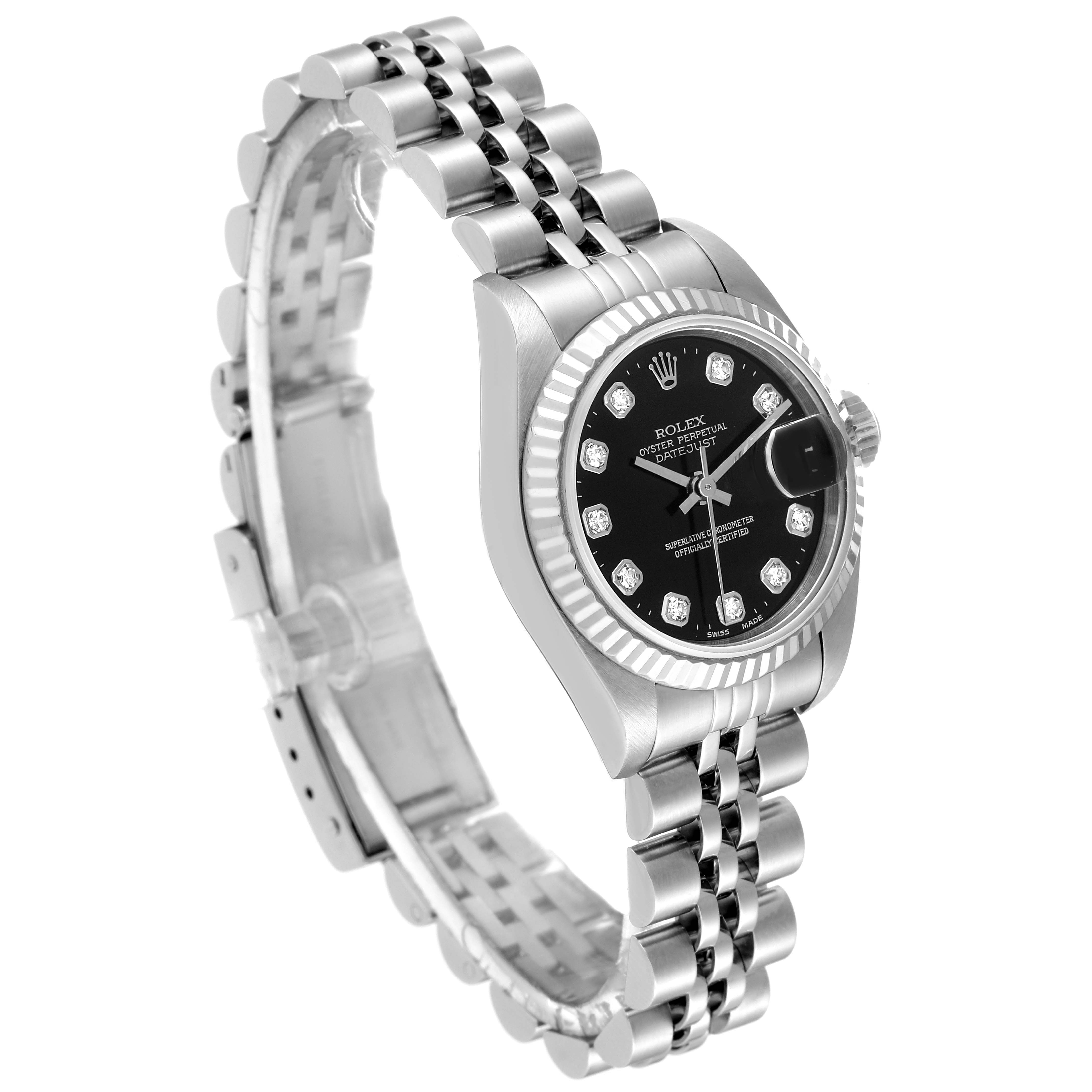 The Rolex Datejust 79174 Women's Stainless Steel Black Dial 79174 Women's Stainless Steel Black Dial watch is shown at an angle highlighting its black dial, fluted bezel, and two-tone Jubilee bracelet.