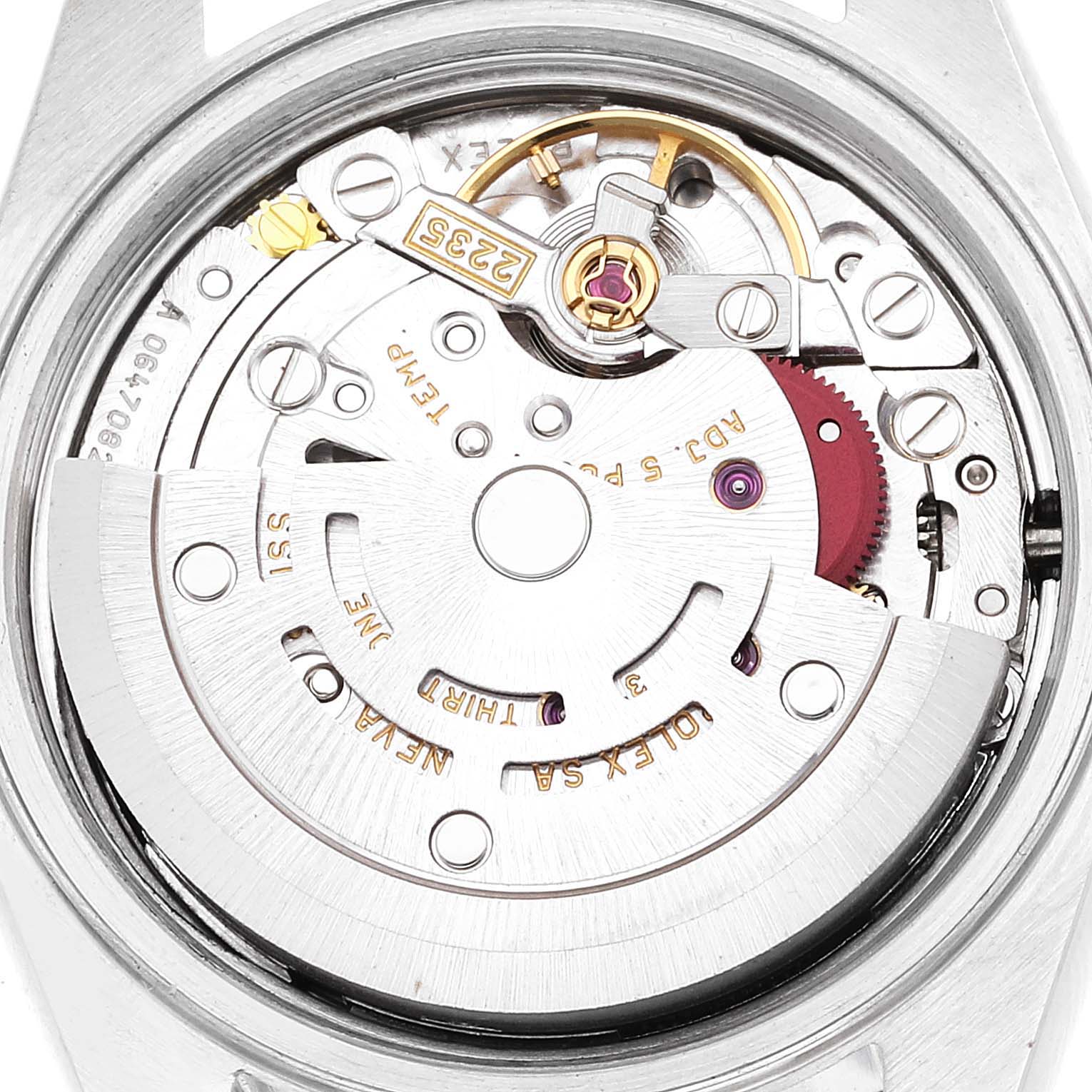 This image shows a close-up view of the movement mechanism inside a Rolex Datejust 79174 Women's Stainless Steel Black Dial 79174 Women's Stainless Steel Black Dial watch.