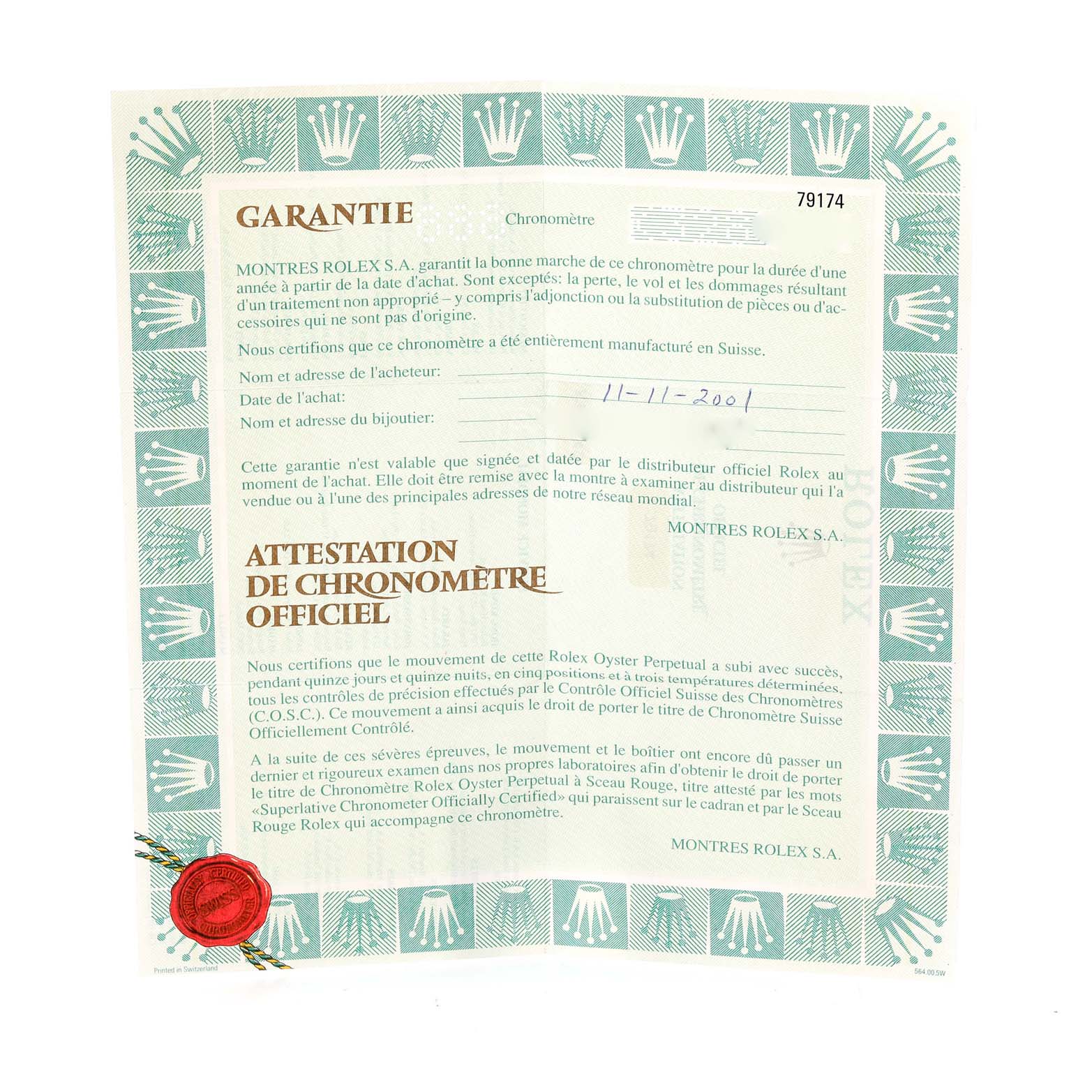 This image shows the warranty certificate for a Rolex Datejust 79174 Women's Stainless Steel Black Dial 79174 Women's Stainless Steel Black Dial watch.