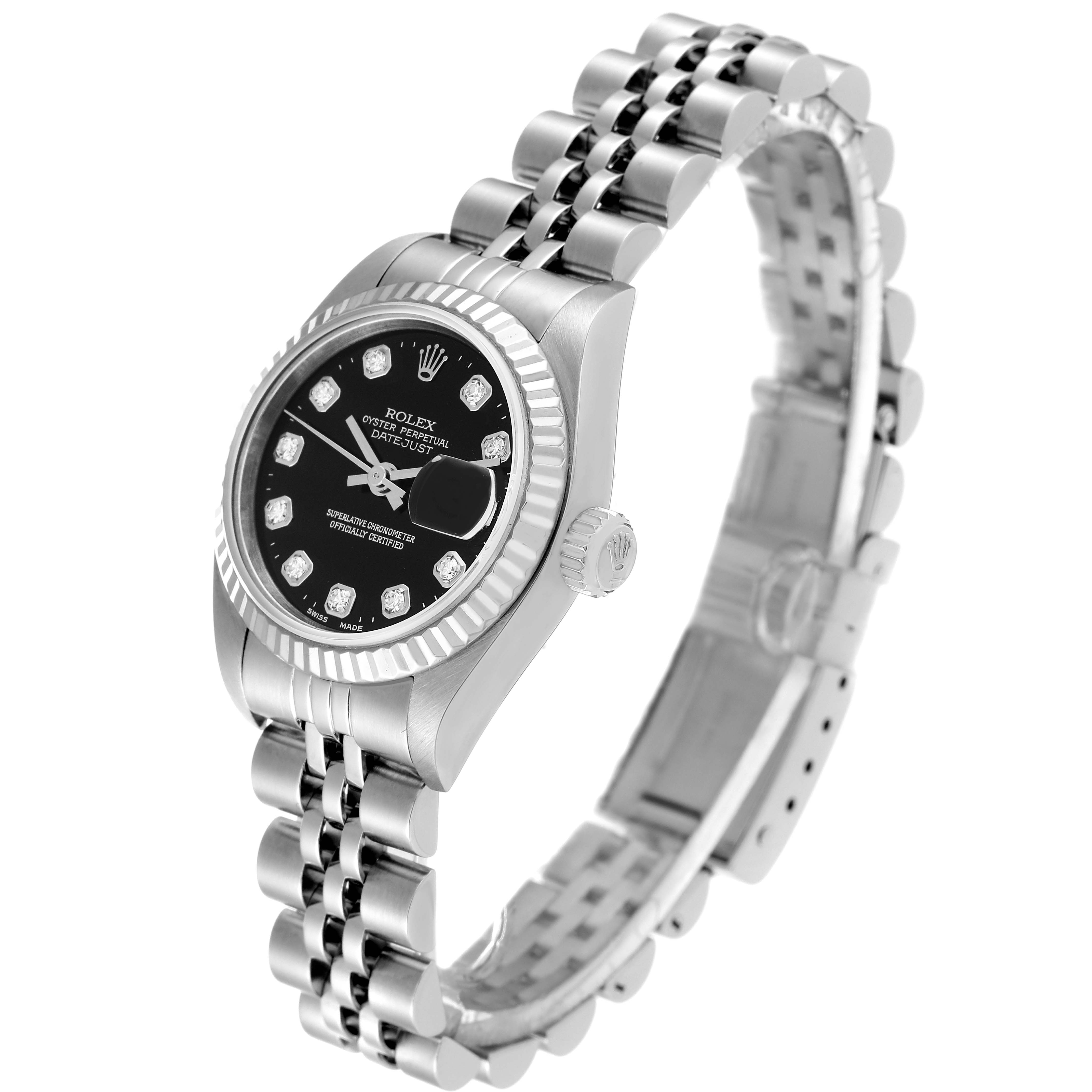The image shows a side angle of the Rolex Datejust 79174 Women's Stainless Steel Black Dial 79174 Women's Stainless Steel Black Dial watch, highlighting its face, crown, and Jubilee bracelet.
