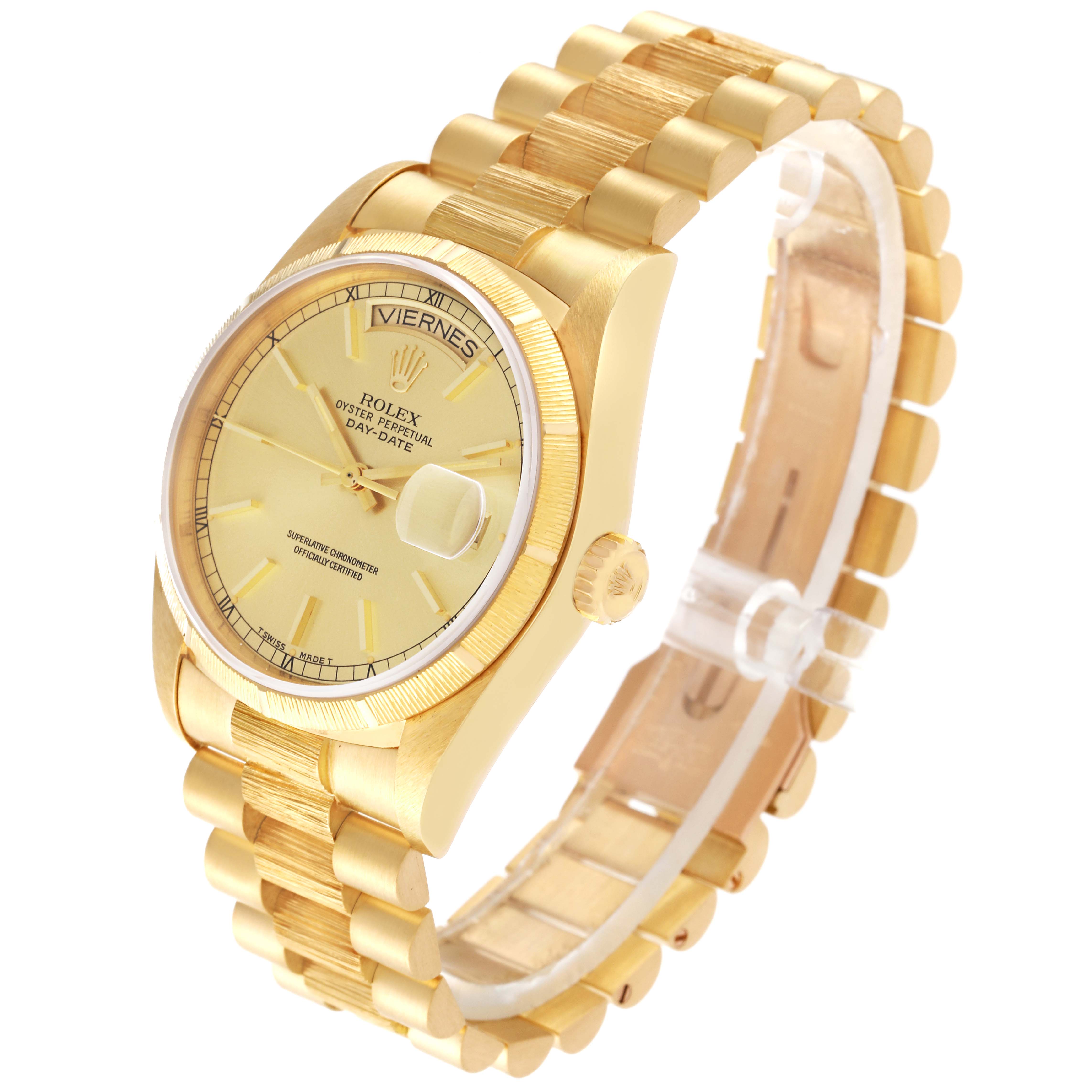 The image shows a Rolex President 18248 Men
s Yellow Gold Champagne Dial 18248 Men
s Yellow Gold Champagne Dial model watch at a three-quarter angle, highlighting the dial, bezel, crown, and bracelet.