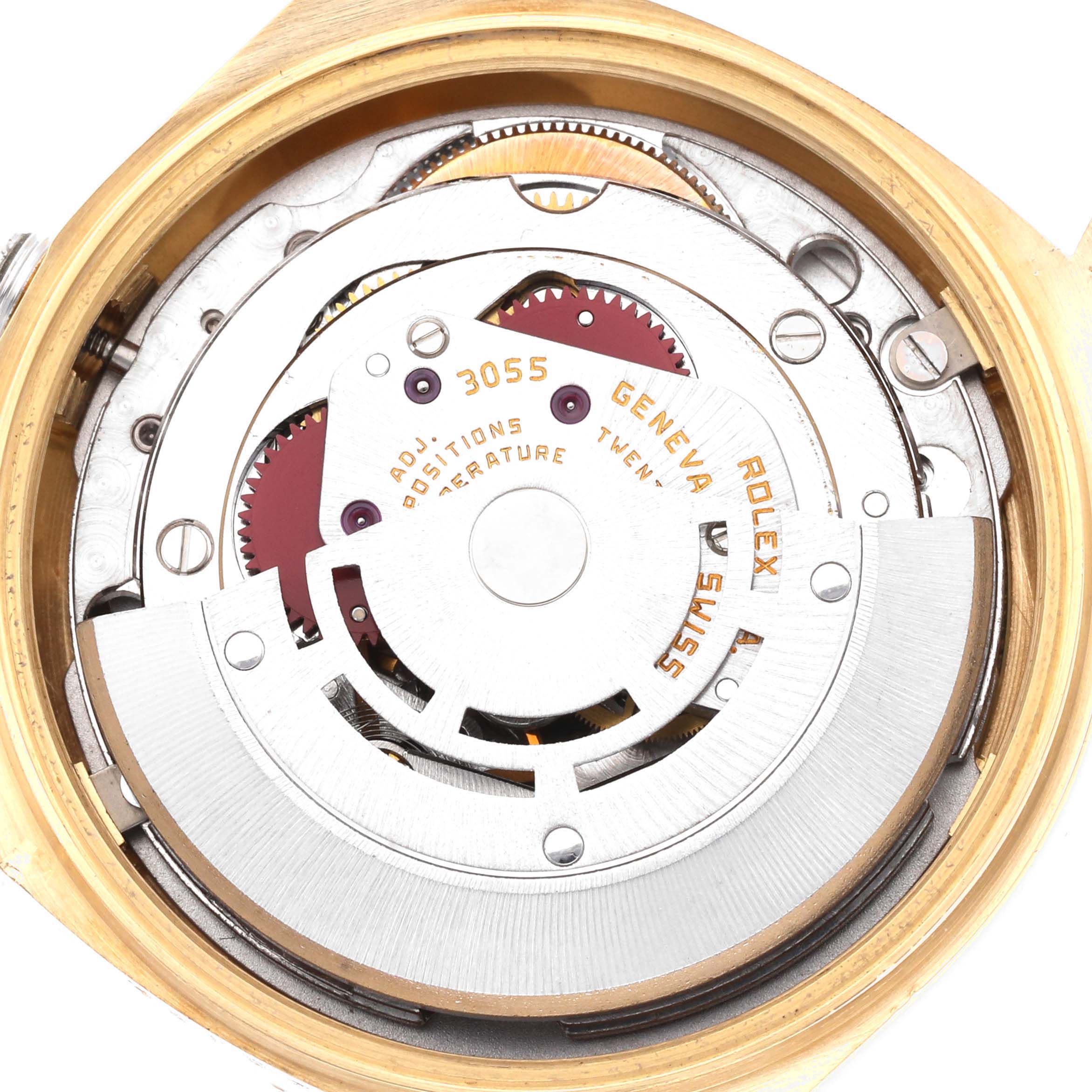 This is an inside view of the Rolex President 18248 Men
s Yellow Gold Champagne Dial 18248 Men
s Yellow Gold Champagne Dial model watch, showing its intricate mechanical movement.
