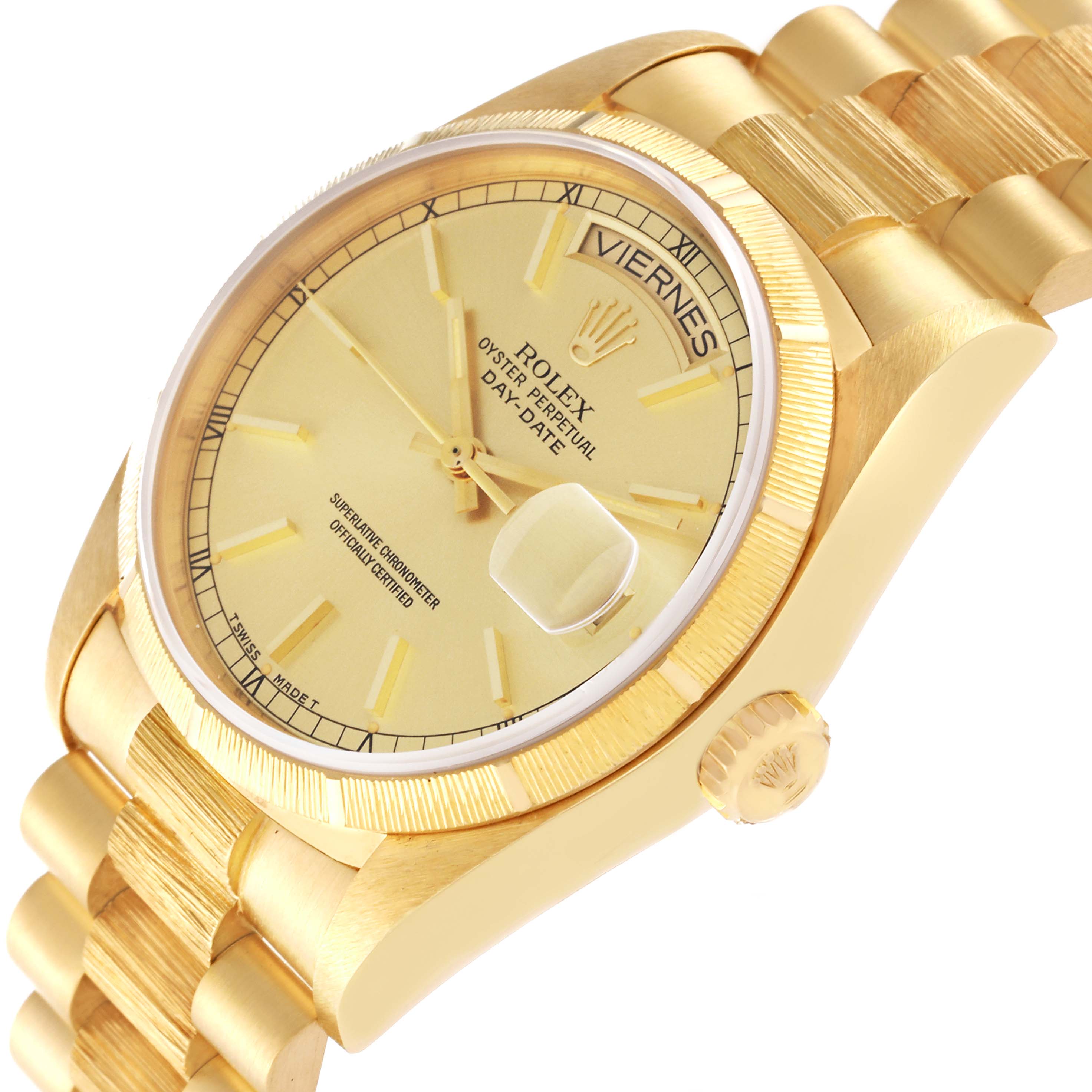 The image shows a side angle of a gold Rolex President 18248 Men
s Yellow Gold Champagne Dial 18248 Men
s Yellow Gold Champagne Dial watch, highlighting the dial, crown, and part of the bracelet.