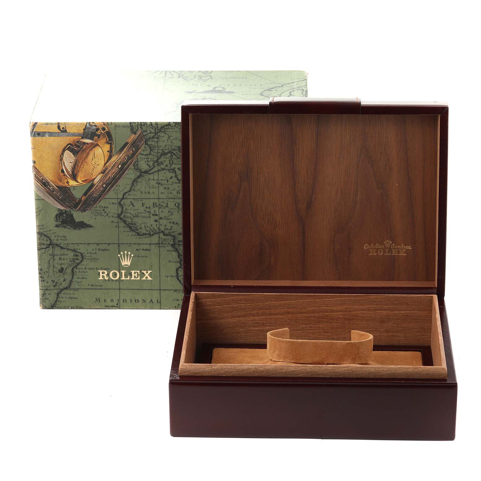 This image shows an open Rolex President 18248 Men
s Yellow Gold Champagne Dial 18248 Men
s Yellow Gold Champagne Dial watch box with its outer packaging in the background.