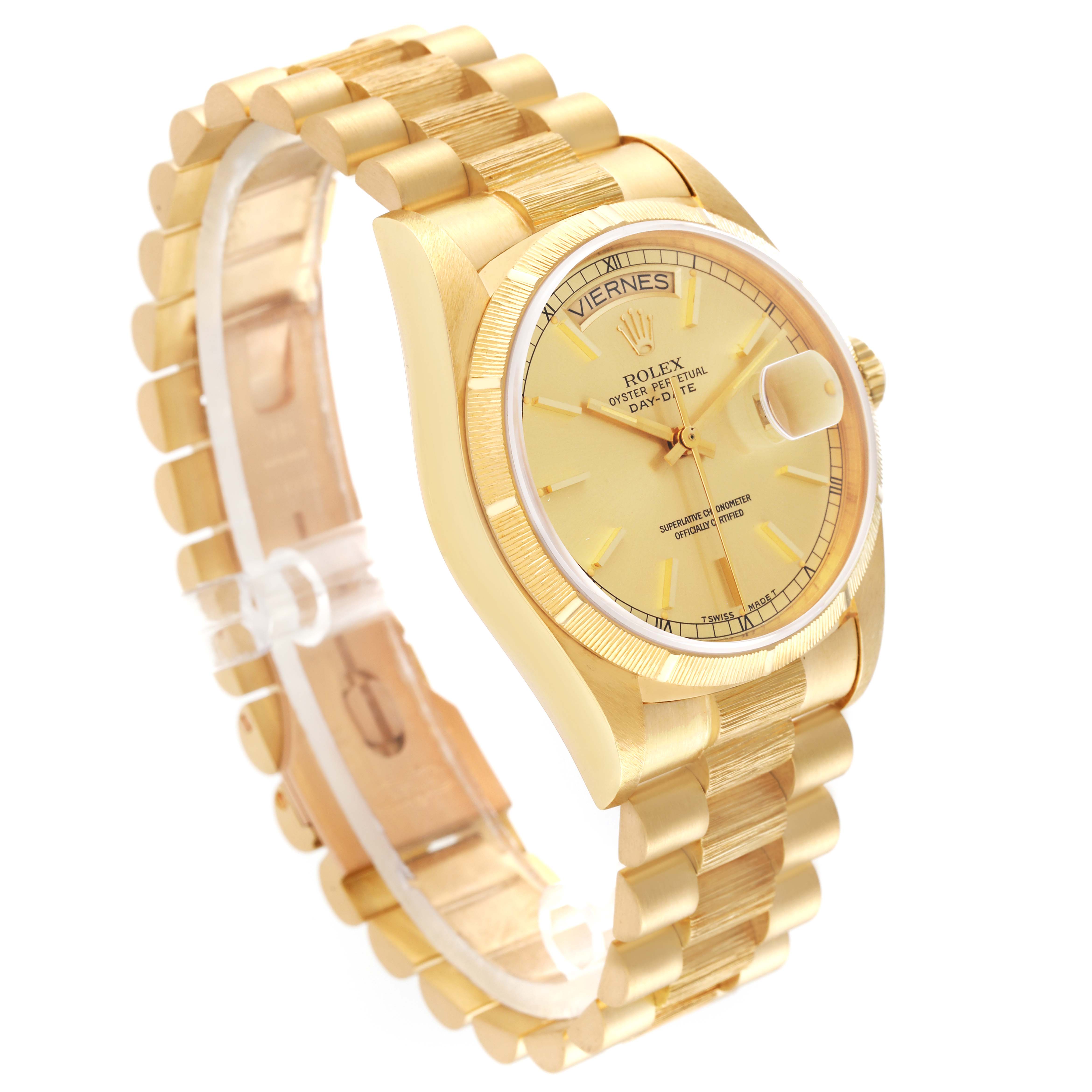 The image shows a side view of a gold Rolex President 18248 Men
s Yellow Gold Champagne Dial 18248 Men
s Yellow Gold Champagne Dial model watch, highlighting its bracelet and dial with a day-date display.