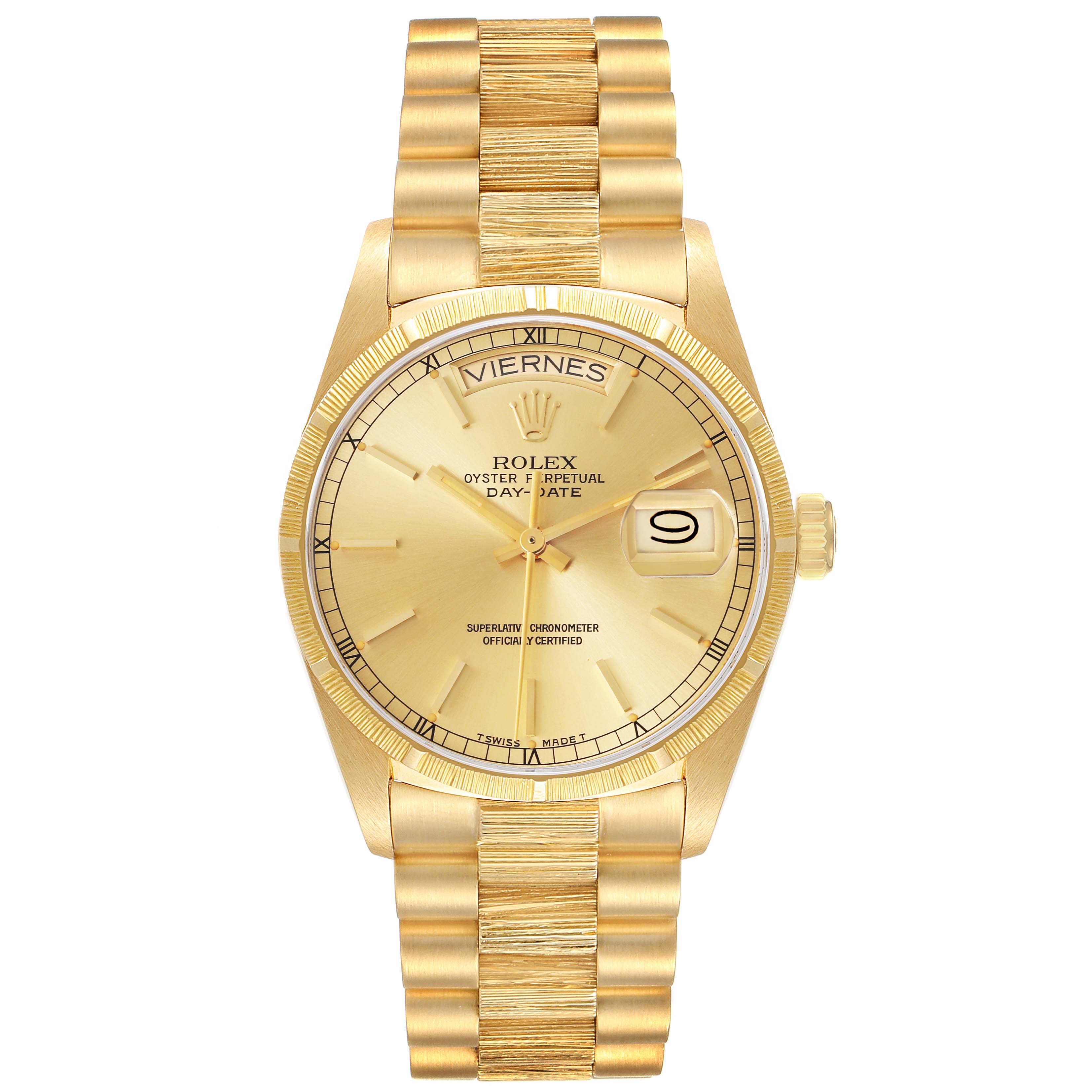 The image shows a front view of a Rolex President 18248 Men
s Yellow Gold Champagne Dial 18248 Men
s Yellow Gold Champagne Dial model watch, including the dial, bezel, bracelet, and crown.