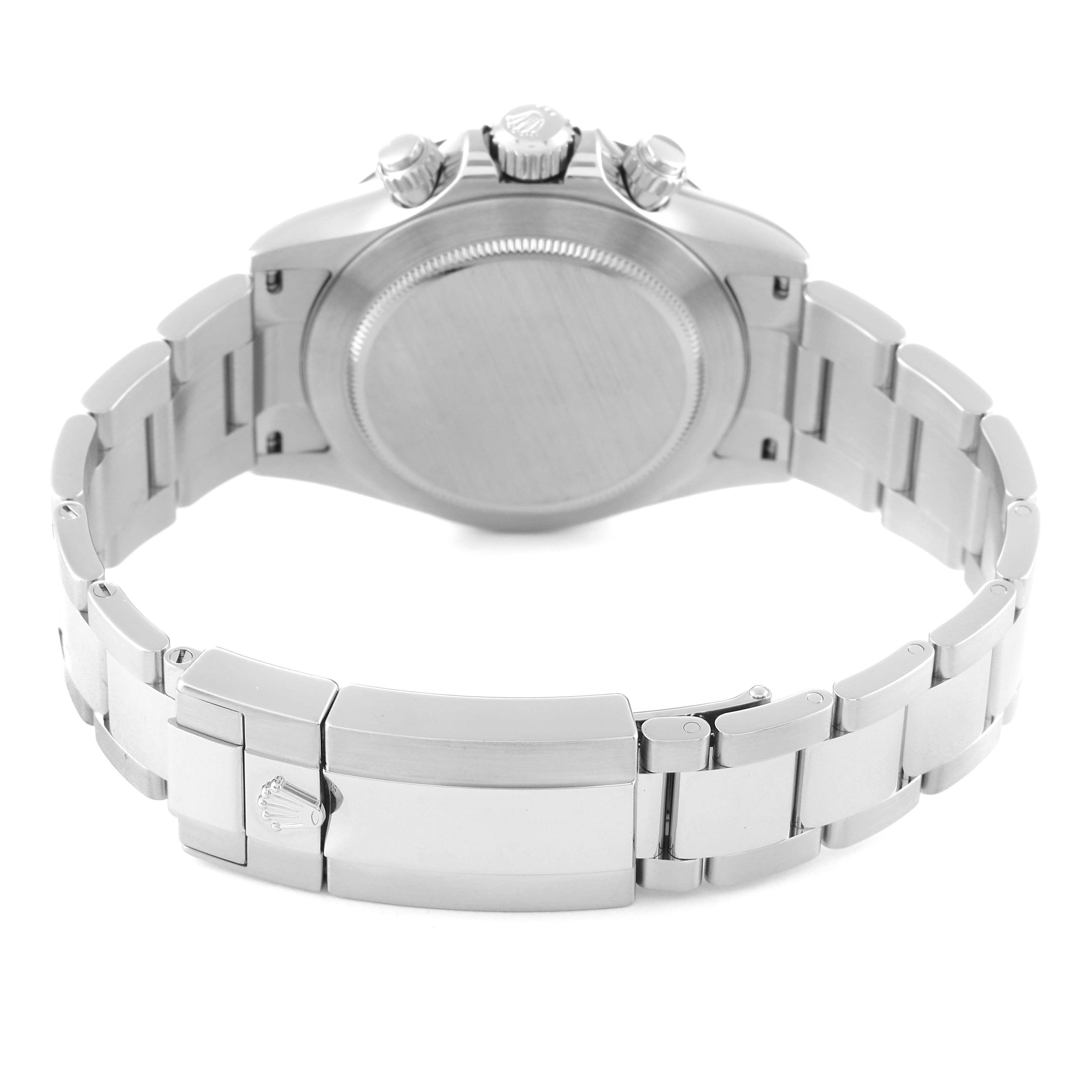 The image shows the back of the Rolex Daytona 116500 Men's Stainless Steel White Dial 116500 Men's Stainless Steel White Dial watch, highlighting its clasp, bracelet, and case back.