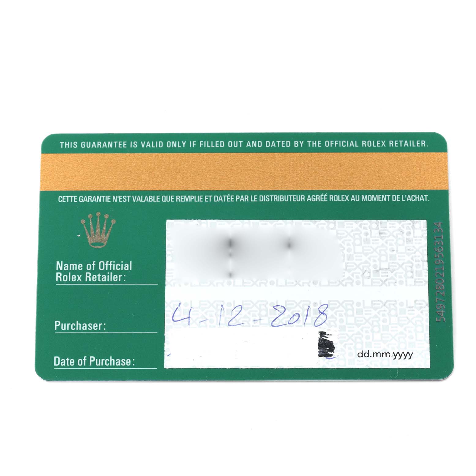 This image shows the guarantee card for the Rolex Daytona 116500 Men's Stainless Steel White Dial 116500 Men's Stainless Steel White Dial watch.