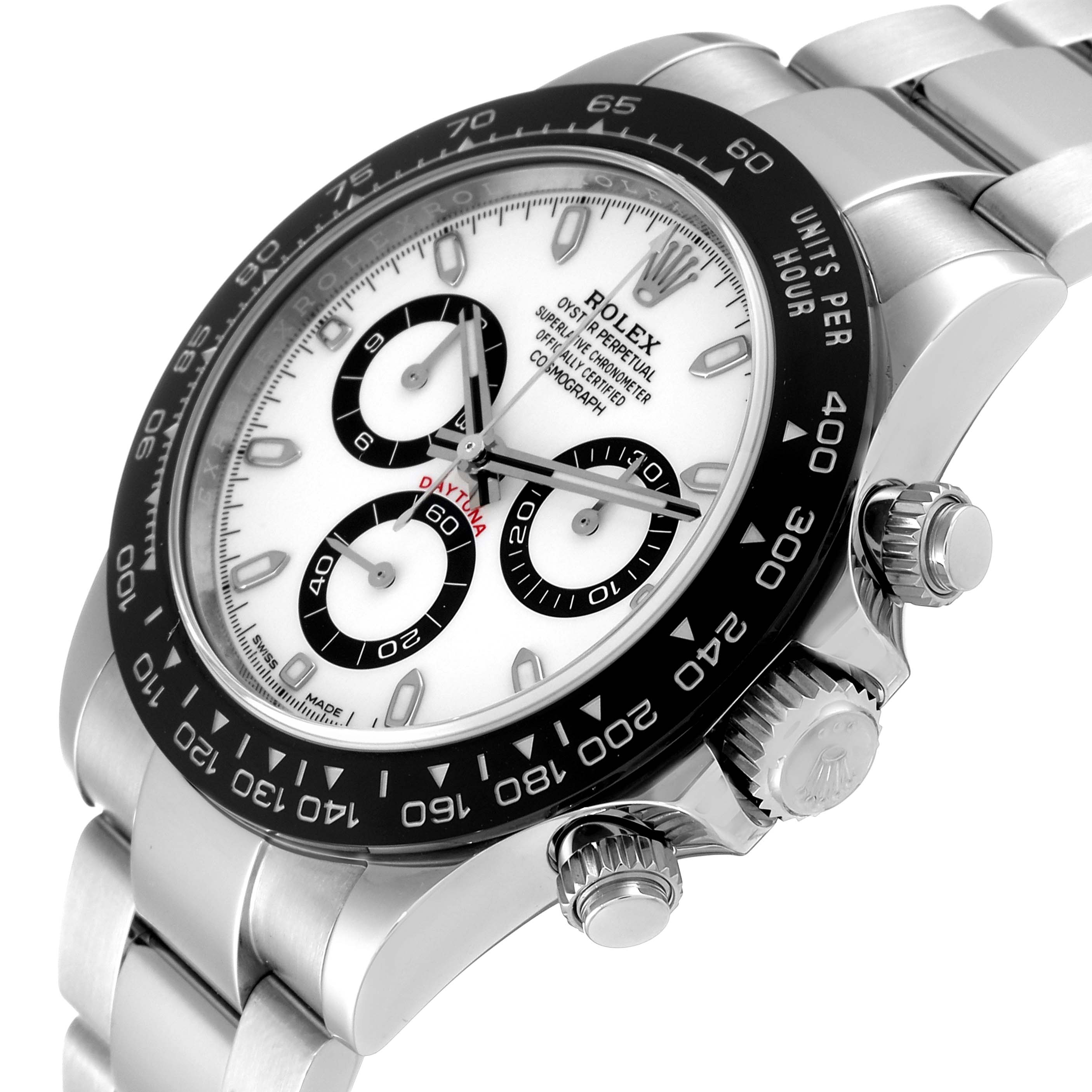The image shows a close-up side angle of a Rolex Daytona 116500 Men's Stainless Steel White Dial 116500 Men's Stainless Steel White Dial watch displaying the face, bezel, crown, and pushers.