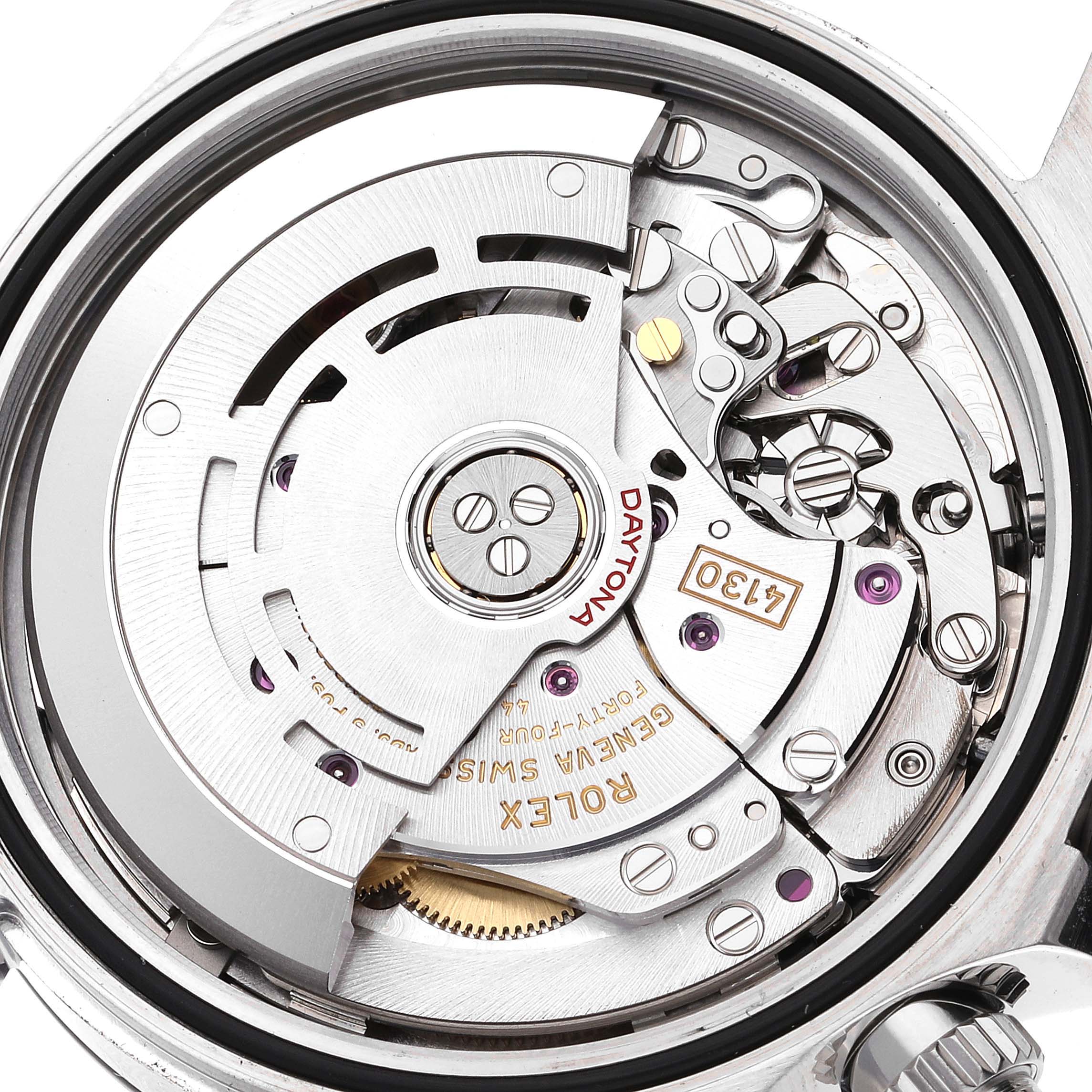 This image shows the inner mechanical movement of a Rolex Daytona 116500 Men's Stainless Steel White Dial 116500 Men's Stainless Steel White Dial watch from a top-down angle.
