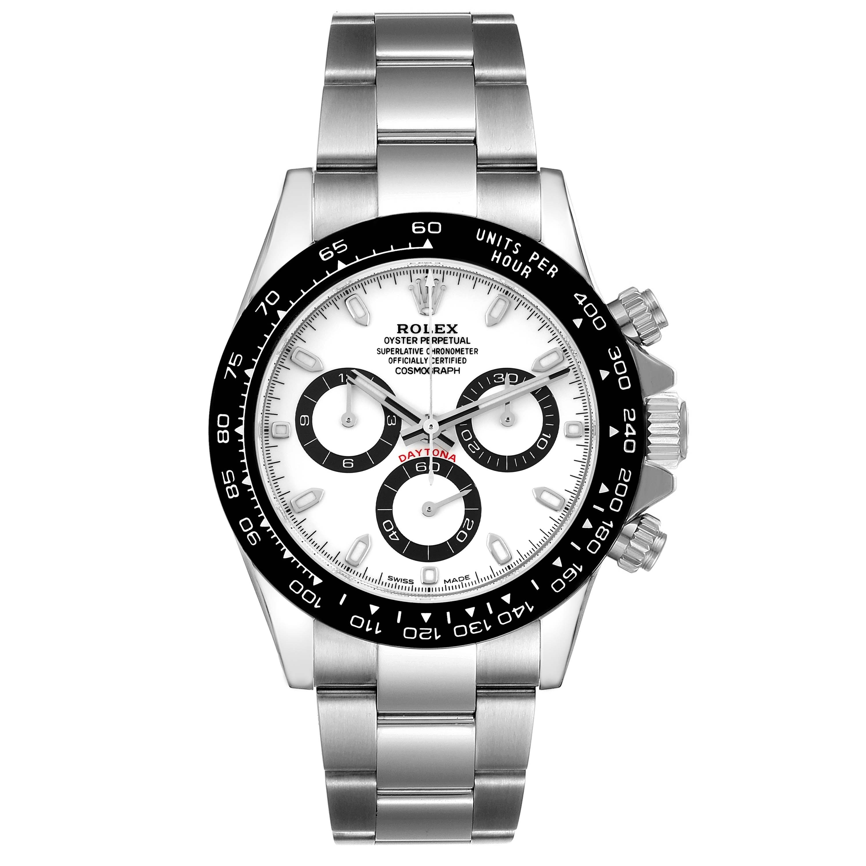 The image shows a front view of a Rolex Daytona 116500 Men's Stainless Steel White Dial 116500 Men's Stainless Steel White Dial watch, displaying the dial, bezel, and bracelet.