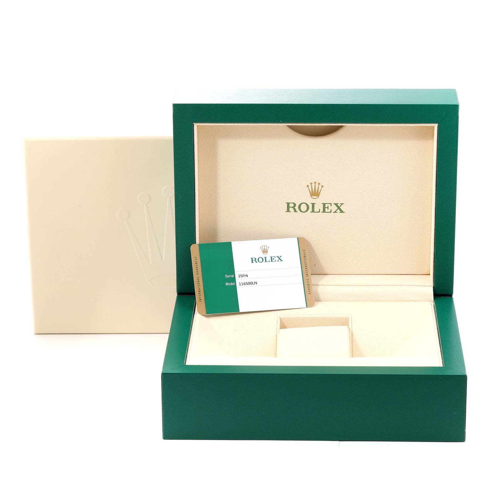 This image shows the packaging box and warranty card for the Rolex Daytona 116500 Men's Stainless Steel White Dial 116500 Men's Stainless Steel White Dial watch, with both parts being photographed from a front angle.