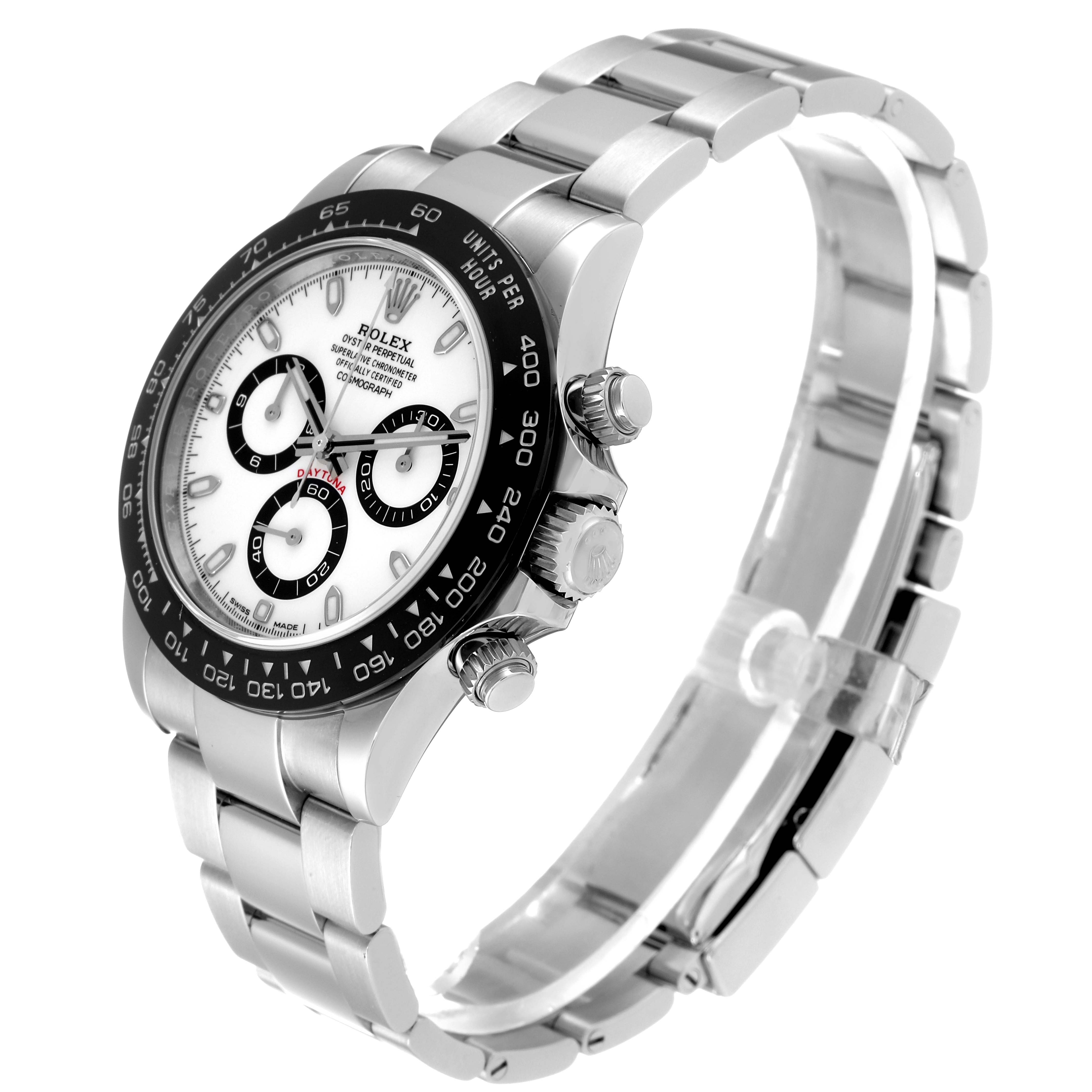 The Rolex Daytona 116500 Men's Stainless Steel White Dial 116500 Men's Stainless Steel White Dial watch is shown at a three-quarter angle, highlighting the dial, bezel, and part of the bracelet.