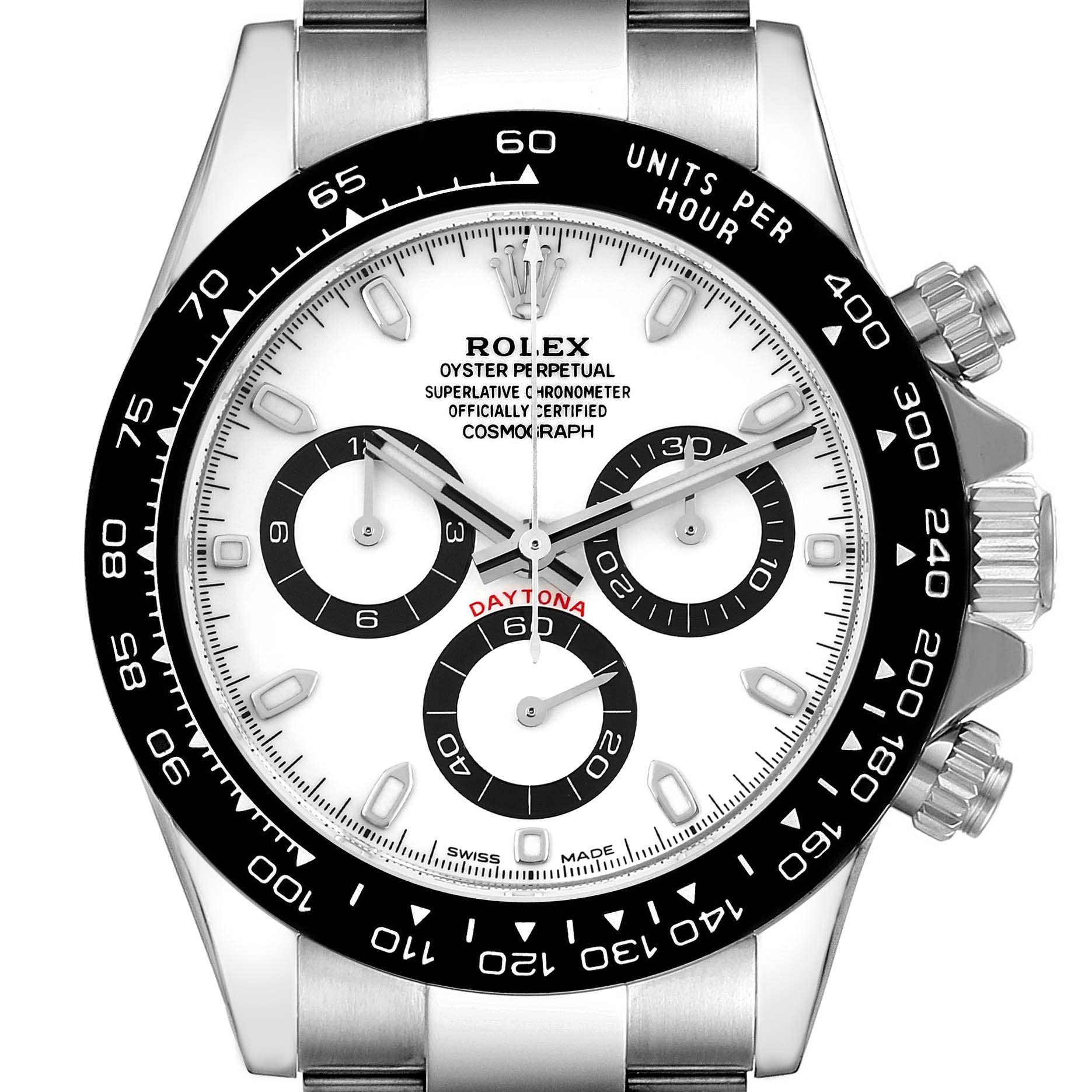 This image shows a front view of a Rolex Daytona 116500 Men's Stainless Steel White Dial 116500 Men's Stainless Steel White Dial watch, highlighting its dial, bezel, and pushers.