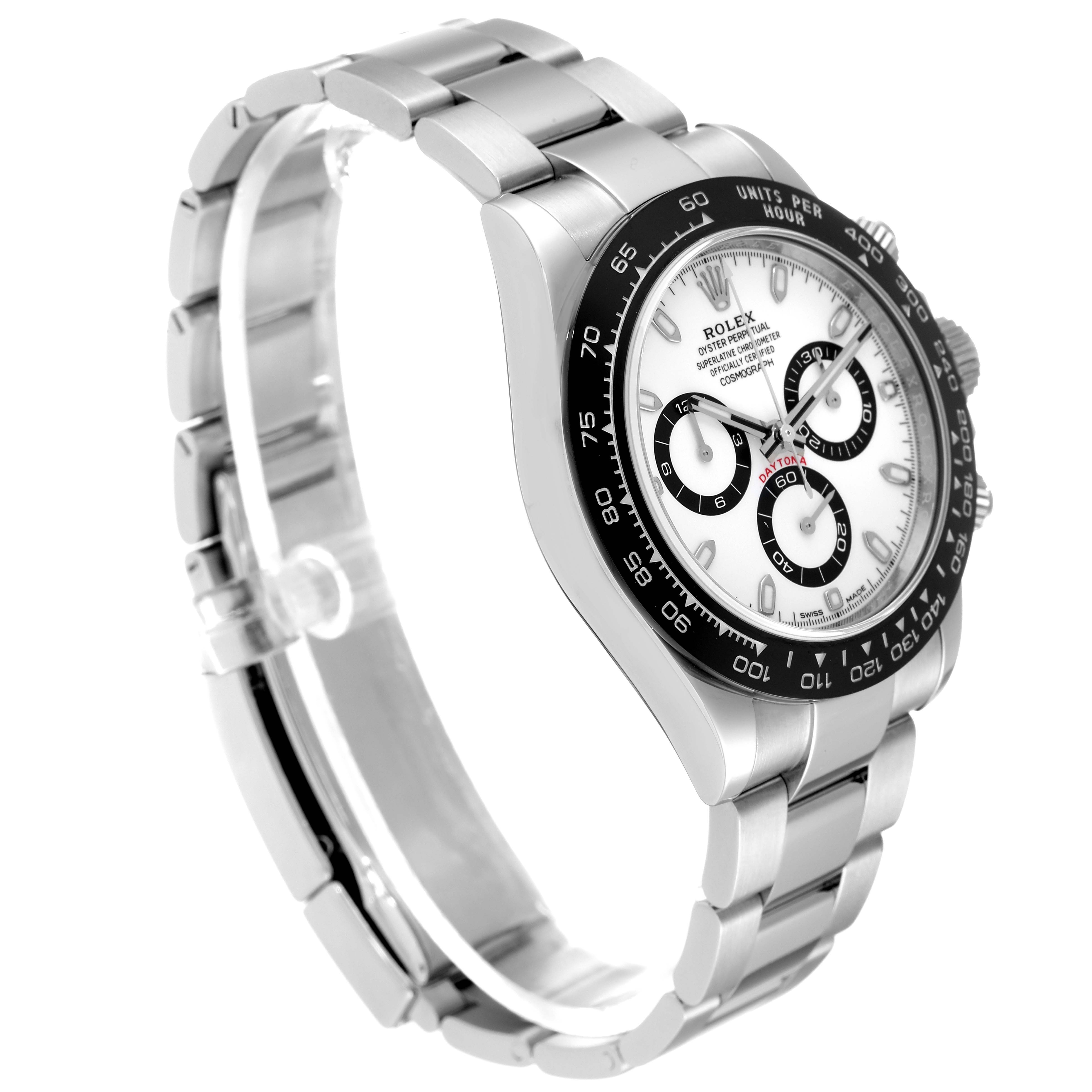 The image shows a side and front angle of the Rolex Daytona 116500 Men's Stainless Steel White Dial 116500 Men's Stainless Steel White Dial watch, highlighting its band, bezel, dial, and crown.