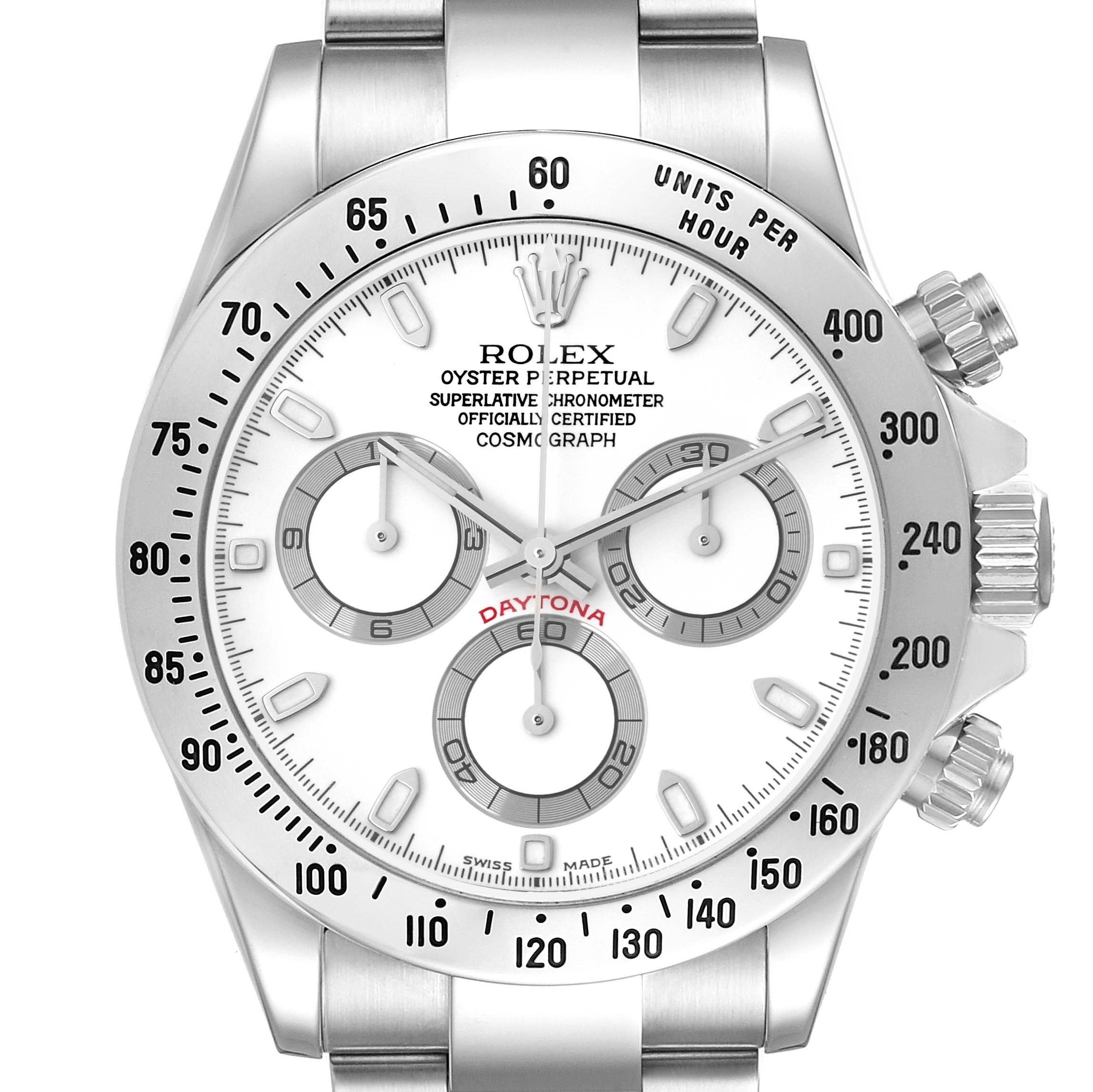 This image shows a front view of a Rolex Daytona 116520 Men's Stainless Steel White Dial 116520 Men's Stainless Steel White Dial watch, displaying its dial, bezel, chronograph subdials, and crown.