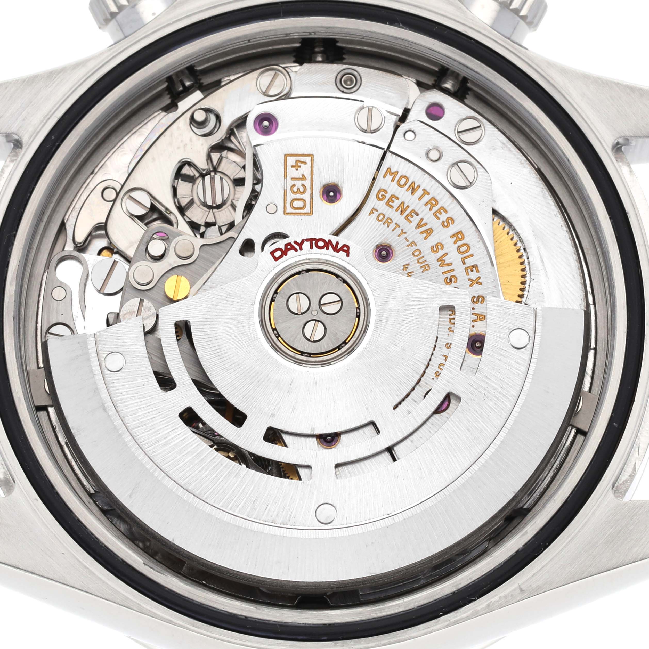 This is a close-up of the Rolex Daytona 116520 Men's Stainless Steel White Dial 116520 Men's Stainless Steel White Dial watch's movement, showing intricate internal mechanical parts.