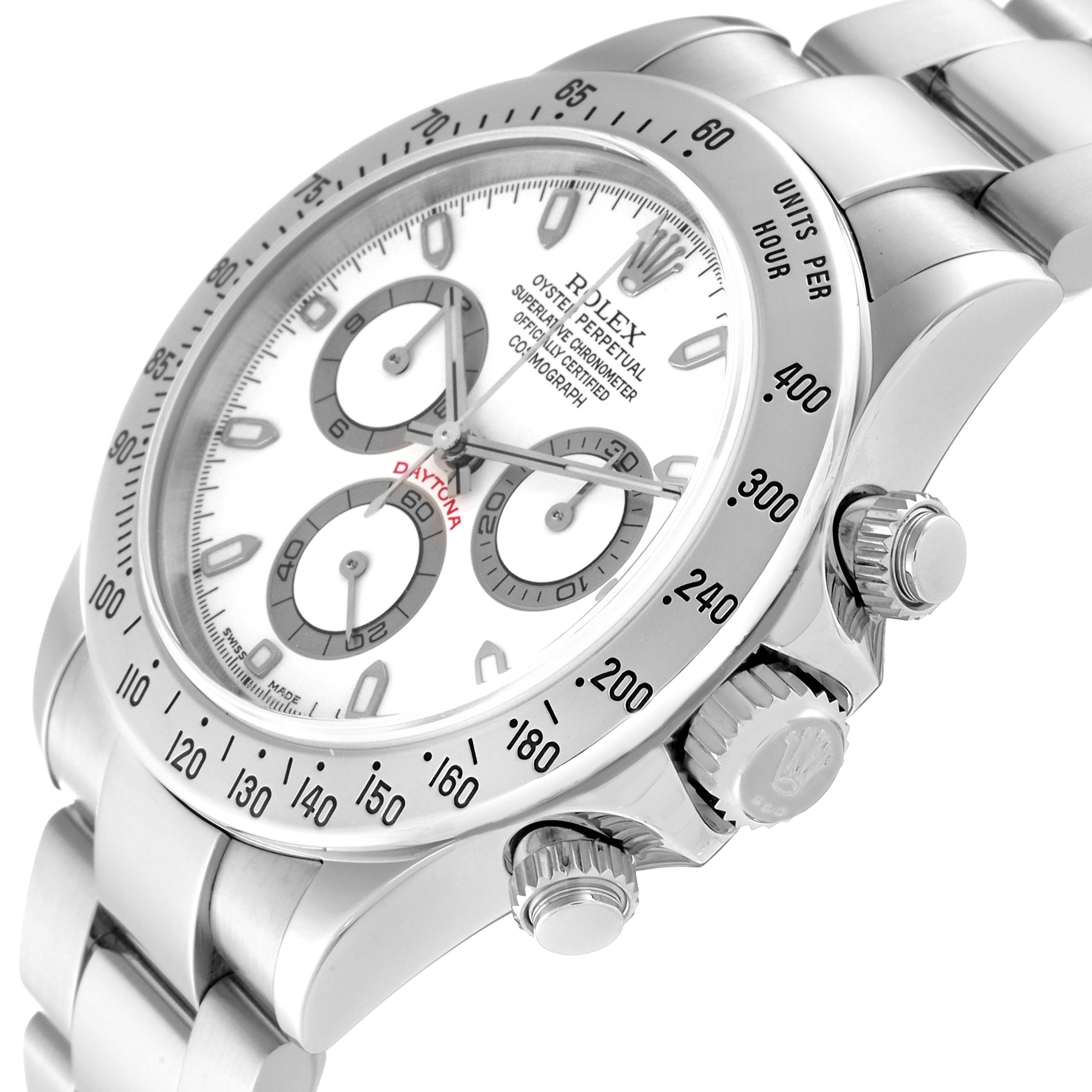 The Rolex Daytona 116520 Men's Stainless Steel White Dial 116520 Men's Stainless Steel White Dial watch is shown at an angled close-up, highlighting its face, bezel, crown, and pushers.