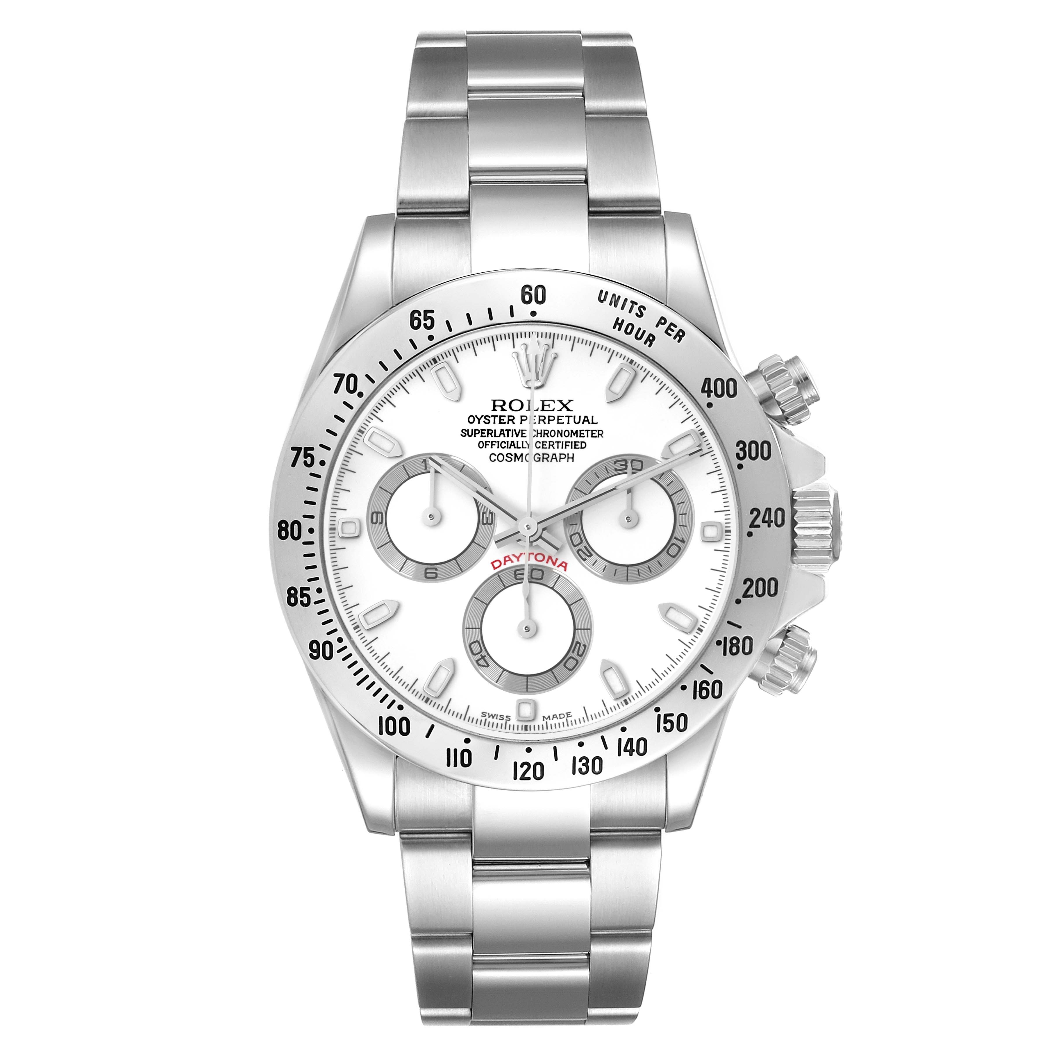 This image shows a front view of a Rolex Daytona 116520 Men's Stainless Steel White Dial 116520 Men's Stainless Steel White Dial watch, highlighting its white dial, three sub-dials, and stainless steel bracelet.