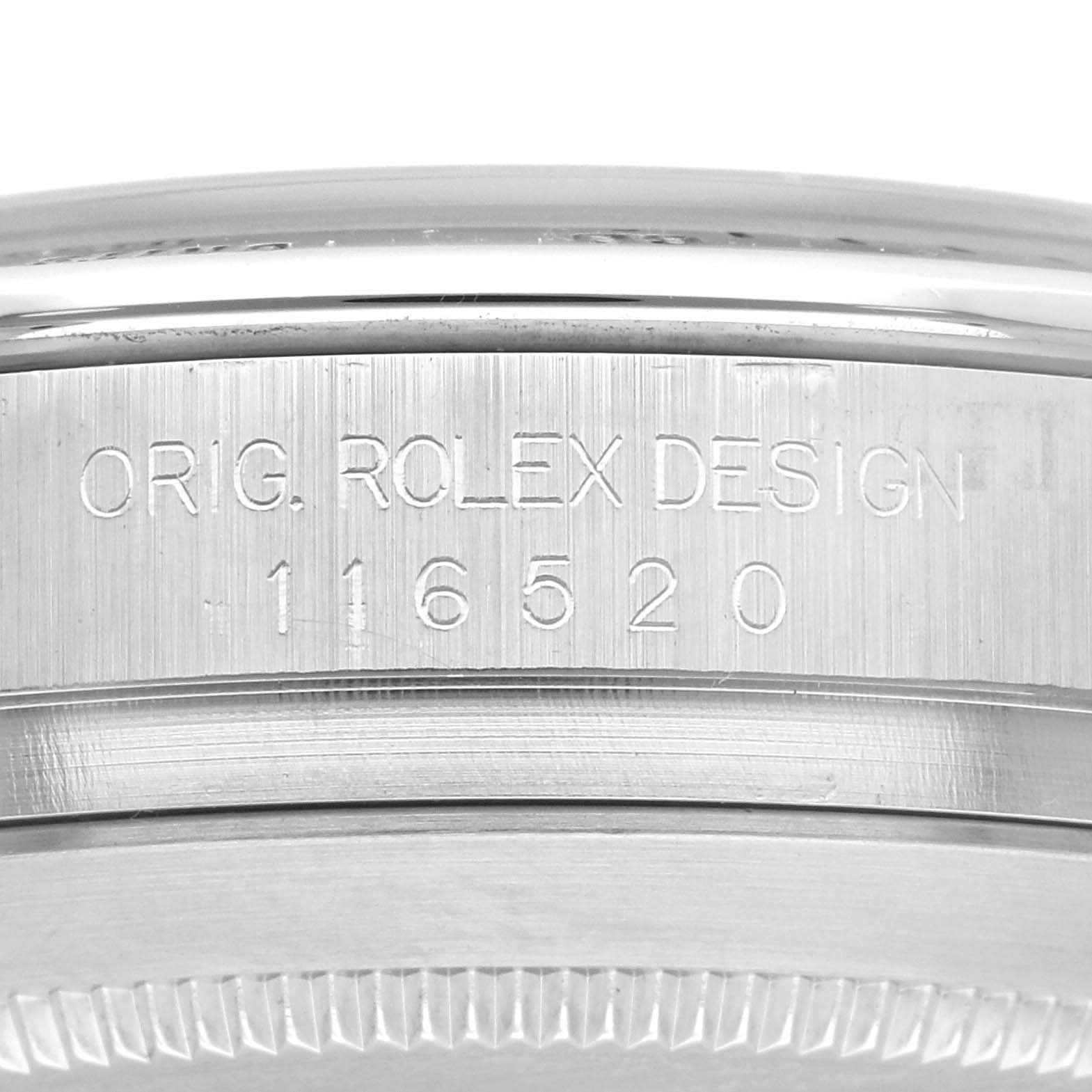 This image shows a close-up of the casing side with the engraved model number "116520" for the Rolex Daytona 116520 Men's Stainless Steel White Dial 116520 Men's Stainless Steel White Dial watch.