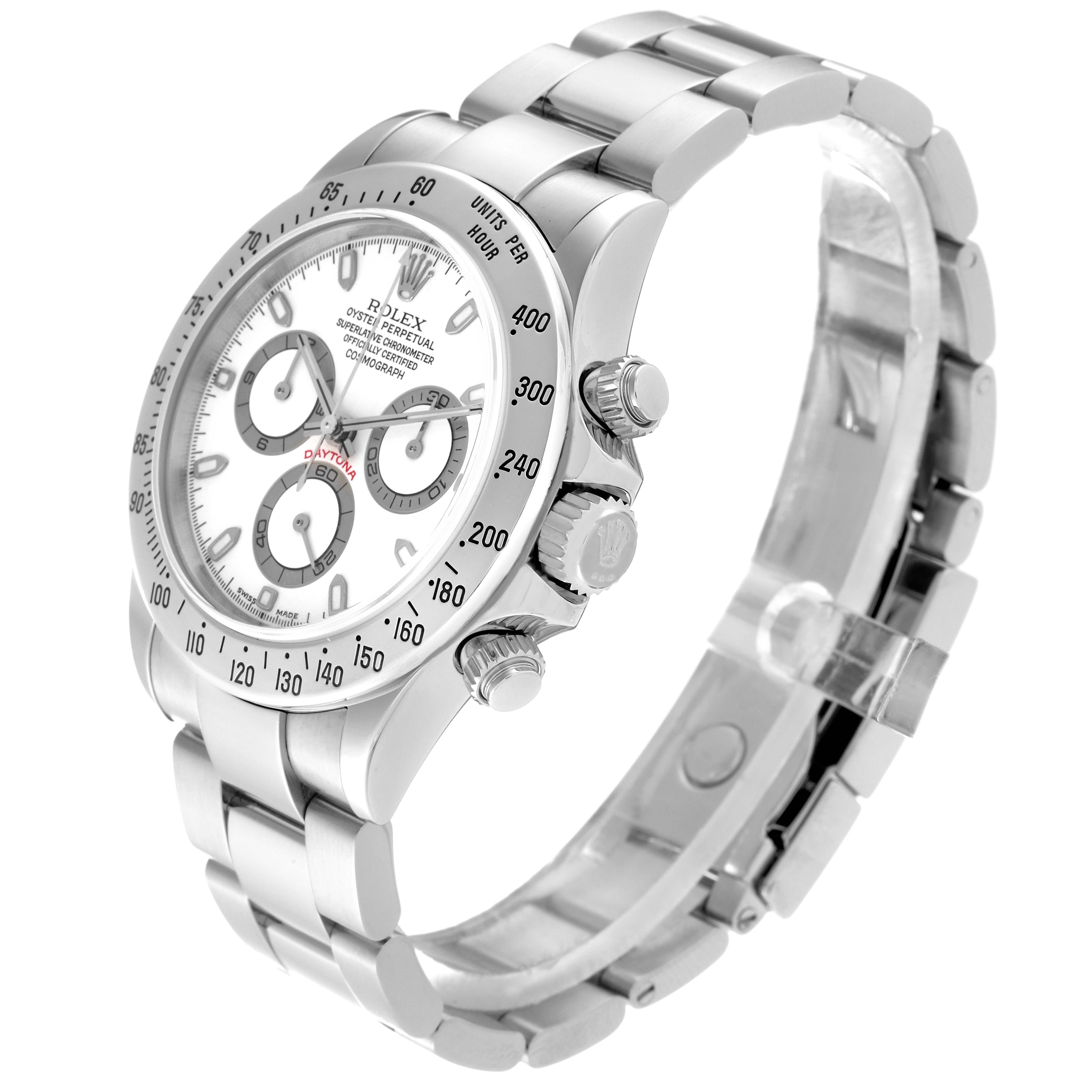 This image shows a side view of a Rolex Daytona 116520 Men's Stainless Steel White Dial 116520 Men's Stainless Steel White Dial watch, highlighting its bezel, dial, pushers, and bracelet.