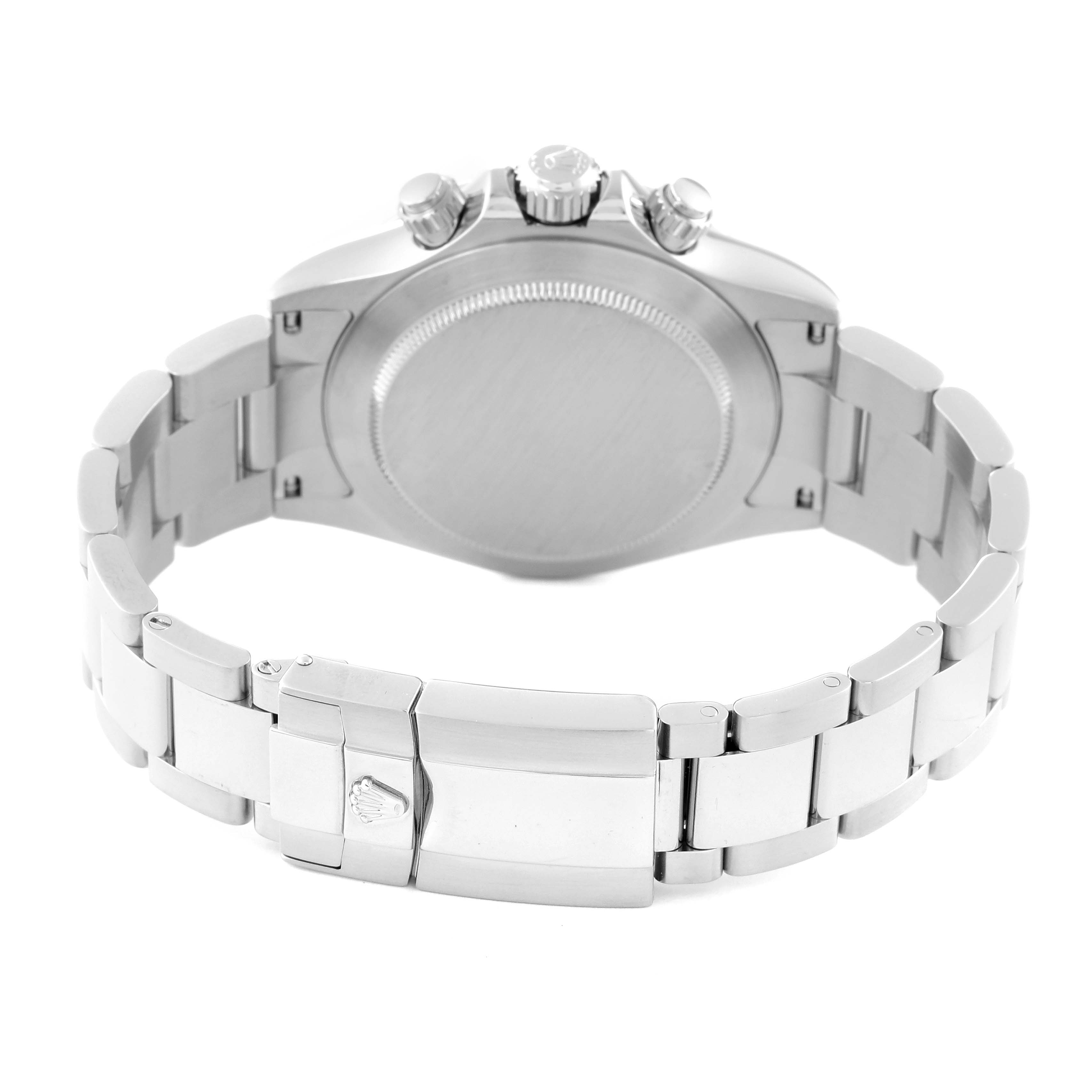 The image shows the rear view of a Rolex Daytona 116520 Men's Stainless Steel White Dial 116520 Men's Stainless Steel White Dial watch, focusing on the case back, crown, and bracelet clasp.