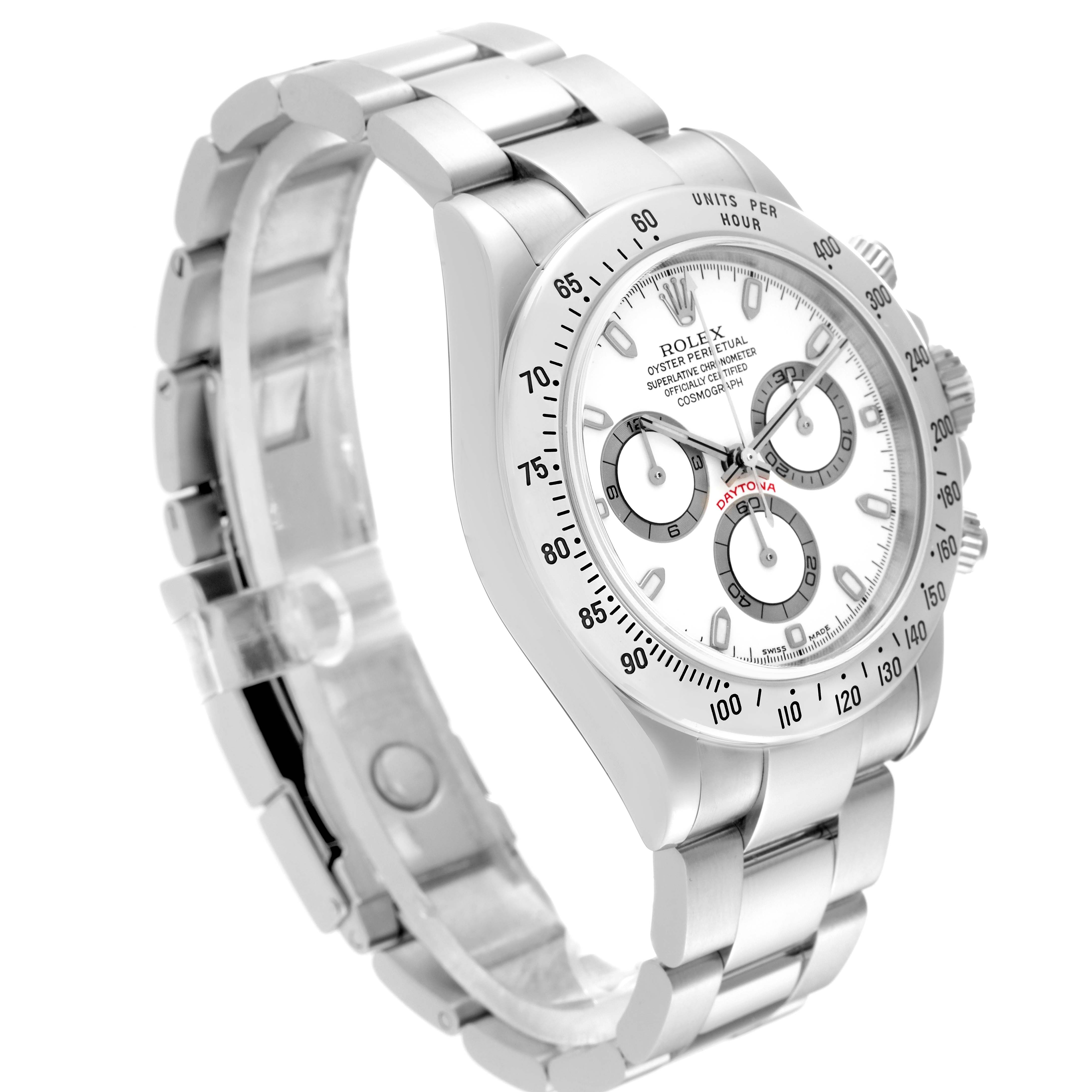This image shows a side perspective of a Rolex Daytona 116520 Men's Stainless Steel White Dial 116520 Men's Stainless Steel White Dial watch, highlighting its band, bezel, and dial.