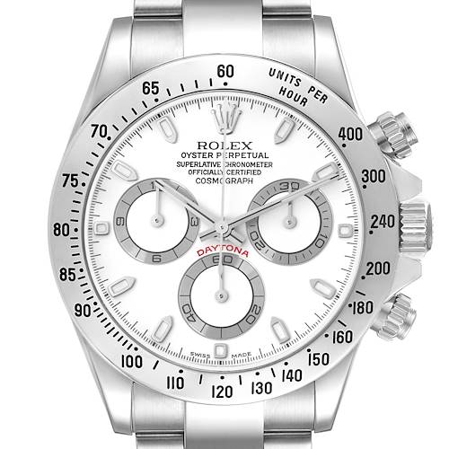 This image shows a front view of a Rolex Daytona watch, displaying the face, bezel, sub-dials, and part of the bracelet.