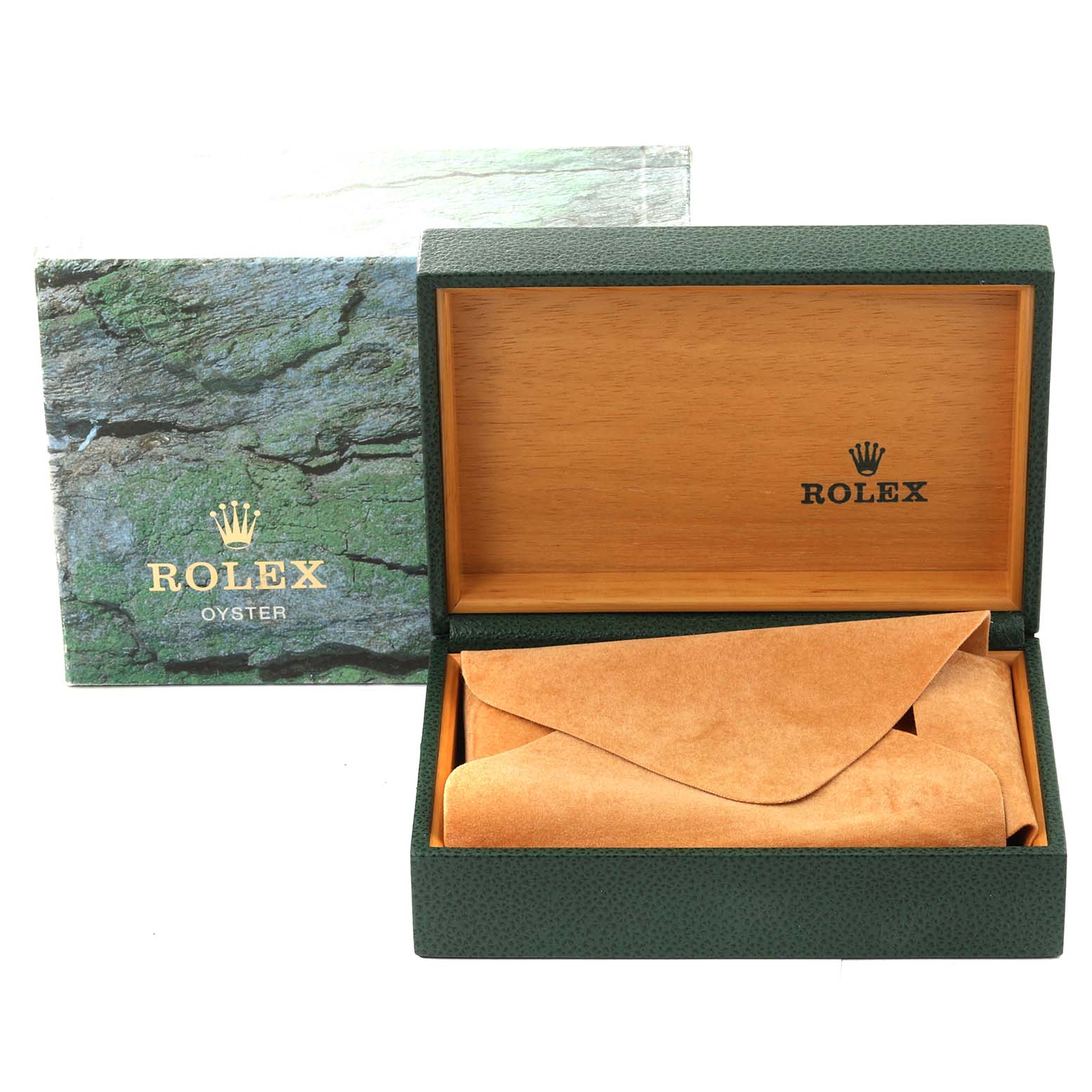 The image shows an open Rolex Daytona 116520 Men's Stainless Steel White Dial 116520 Men's Stainless Steel White Dial watch box with a green exterior and a wooden interior, along with a suede watch pouch inside.