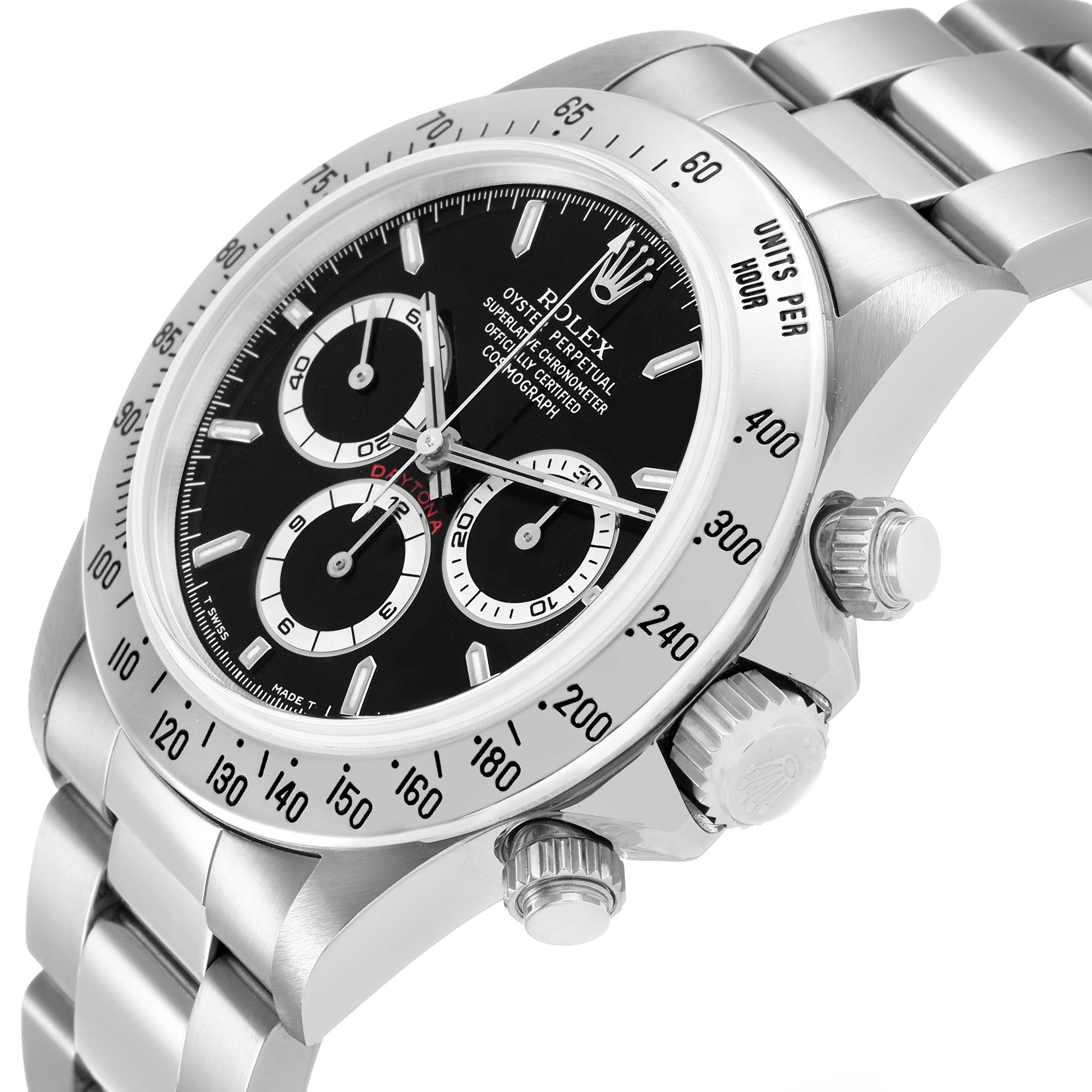 The Rolex Daytona 16520 Men's Stainless Steel Black Dial watch is shown at an angle highlighting the bezel, crown, chronograph pushers, and stainless steel bracelet.