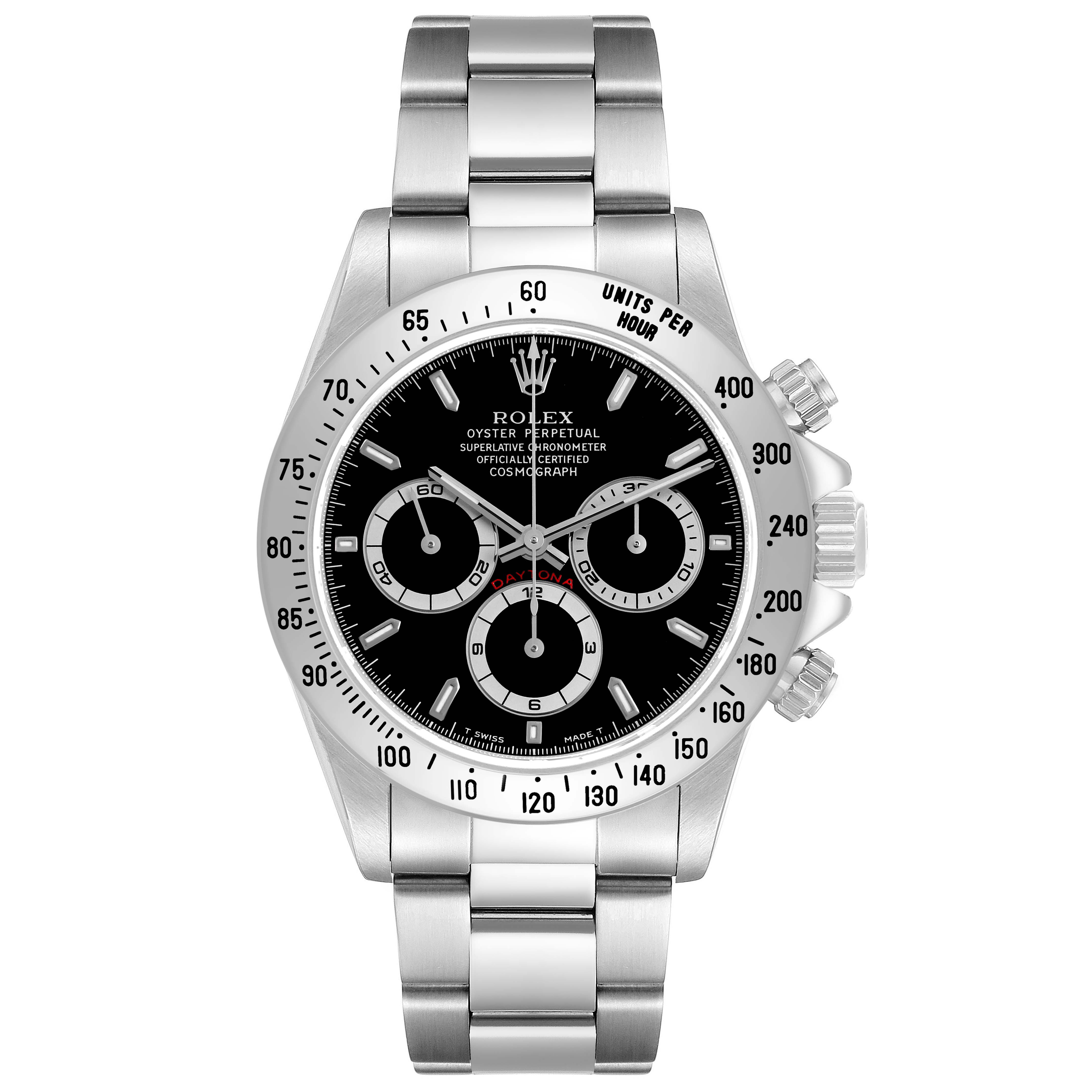 The Rolex Daytona 16520 Men's Stainless Steel Black Dial watch is shown from the front, highlighting the dial, bezel, and bracelet.