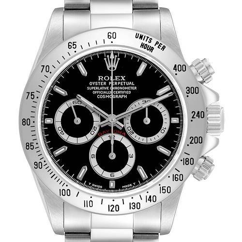 The Rolex Daytona 16520 Mens Stainless Steel Black Dial watch is shown from the front, displaying its dial, subdials, bezel, crown, and part of the bracelet.